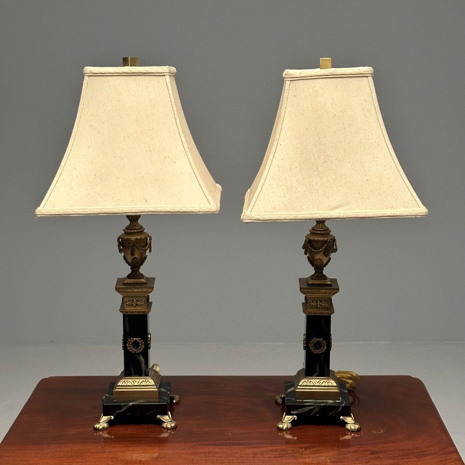 Brass Pair of Hollywood Regency Bronze and Marble Table Lamps, Corinthian Column Form For Sale