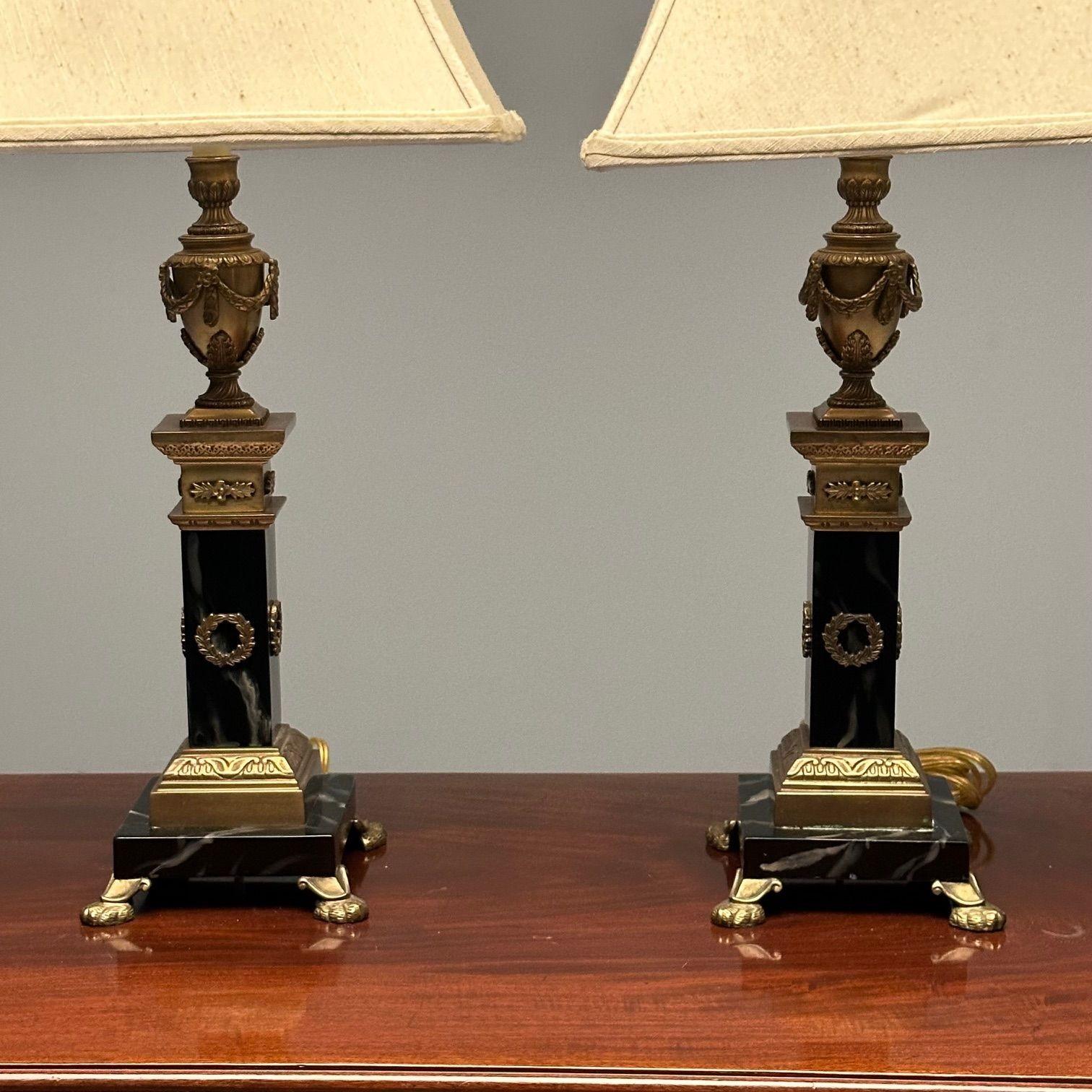 Pair of Hollywood Regency Bronze and Marble Table Lamps, Corinthian Column Form For Sale 1