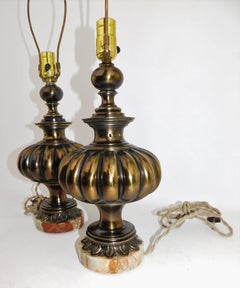 Pair of Hollywood Regency Brushed Bronze Table Lamps with Marble Bases