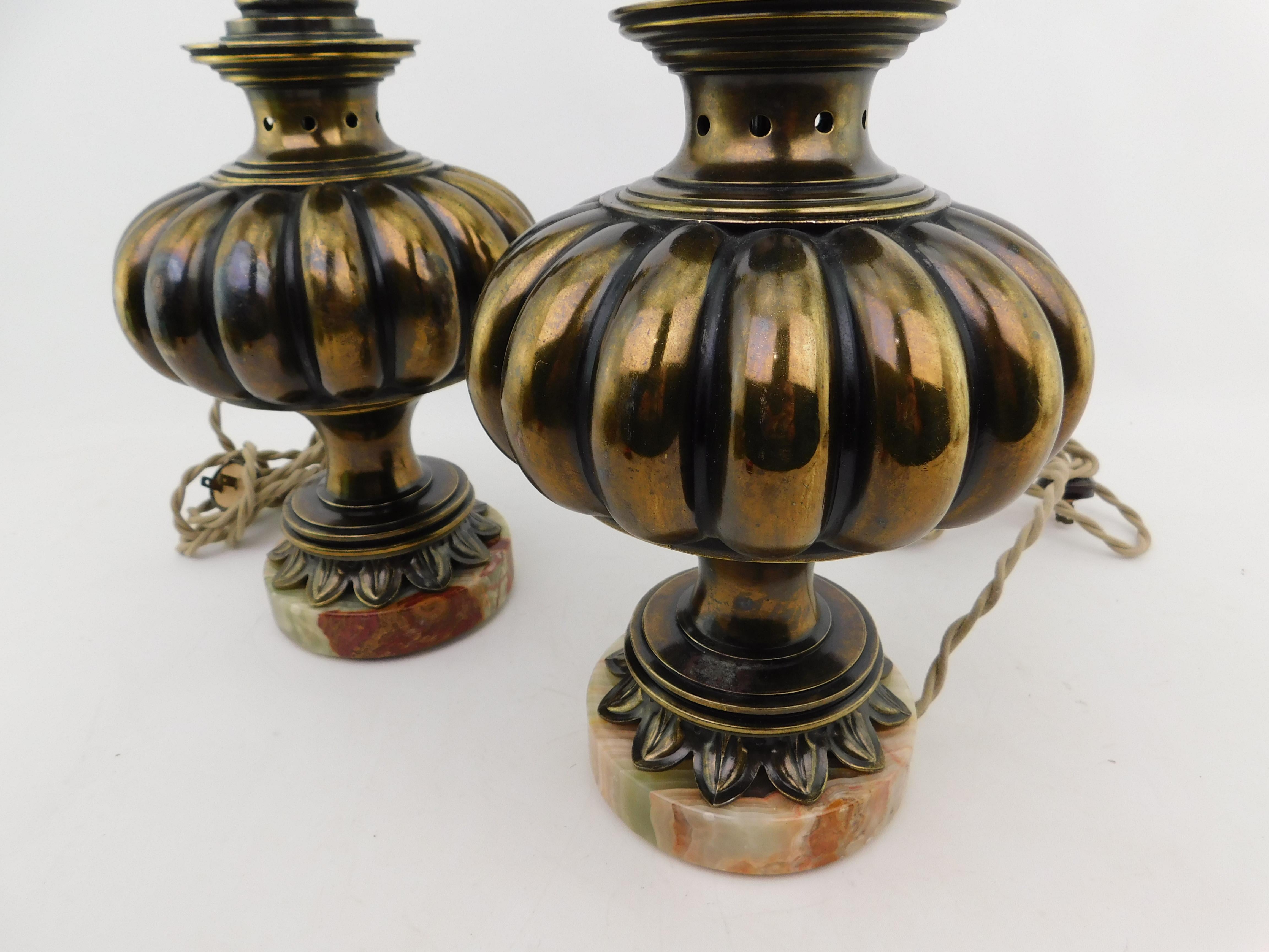 Late 20th Century Pair of Hollywood Regency Brushed Bronze Table Lamps with Marble Bases For Sale