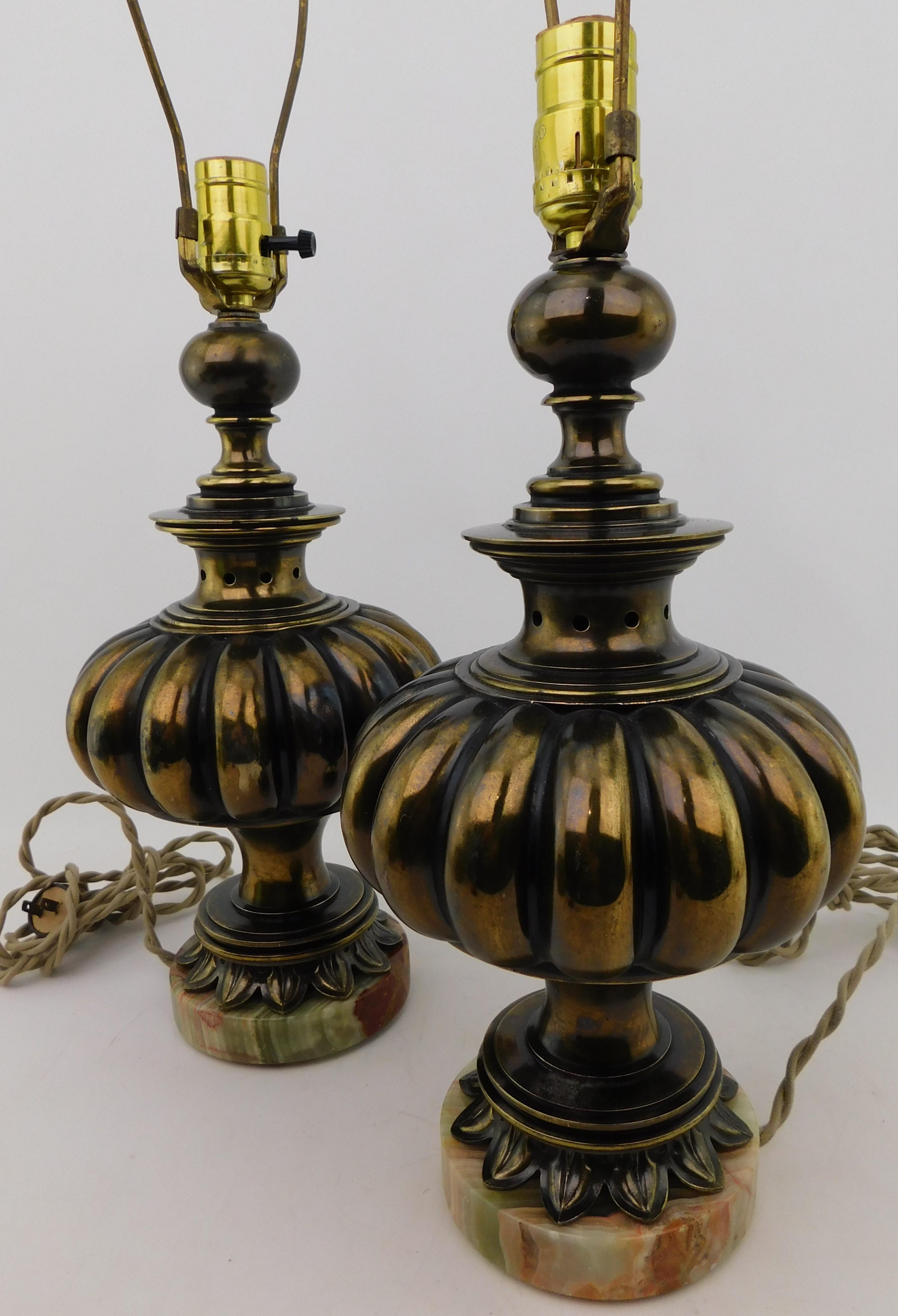 Pair of Hollywood Regency Brushed Bronze Table Lamps with Marble Bases For Sale 1