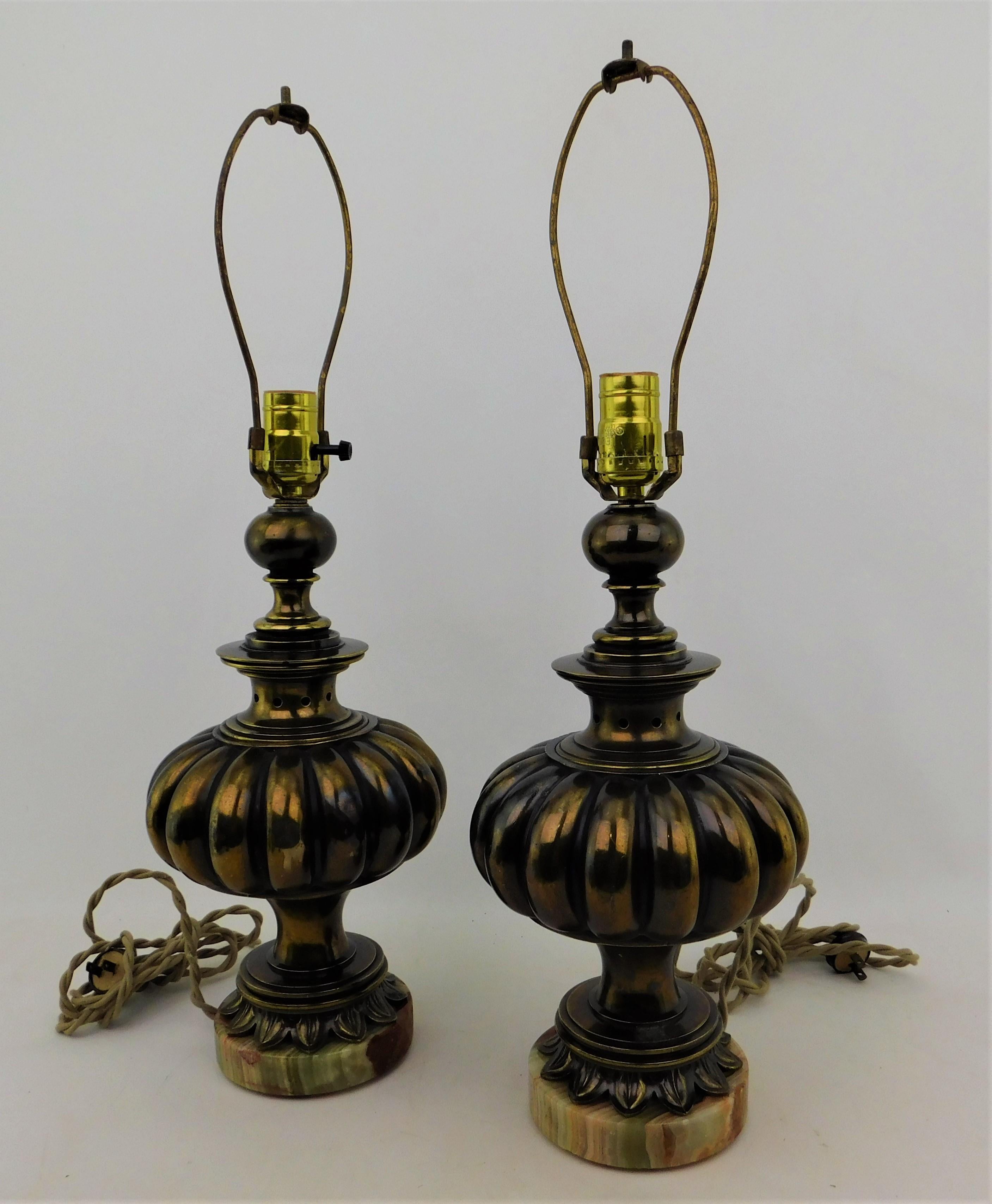 Pair of Hollywood Regency Brushed Bronze Table Lamps with Marble Bases For Sale 2