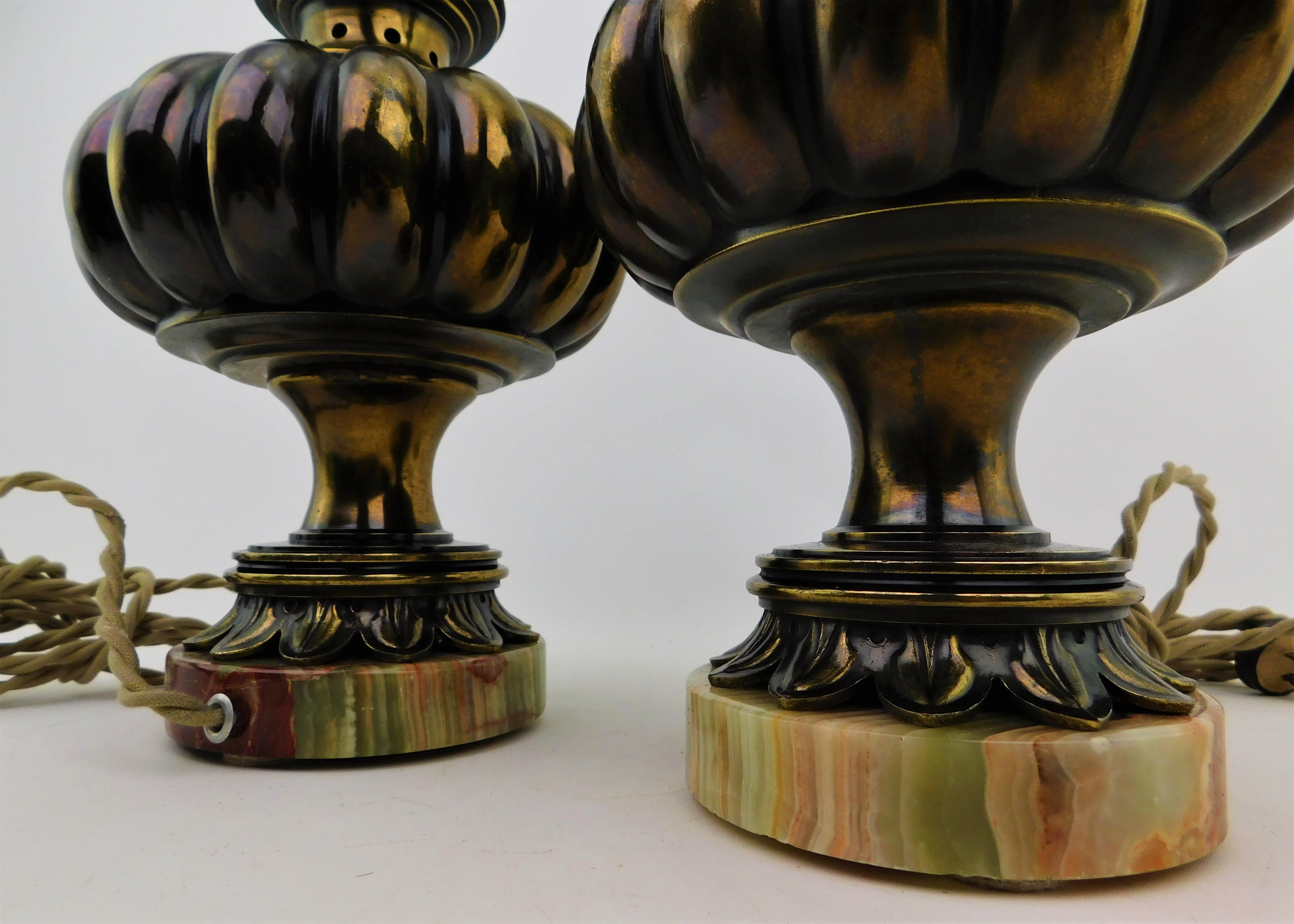 Pair of Hollywood Regency Brushed Bronze Table Lamps with Marble Bases For Sale 3