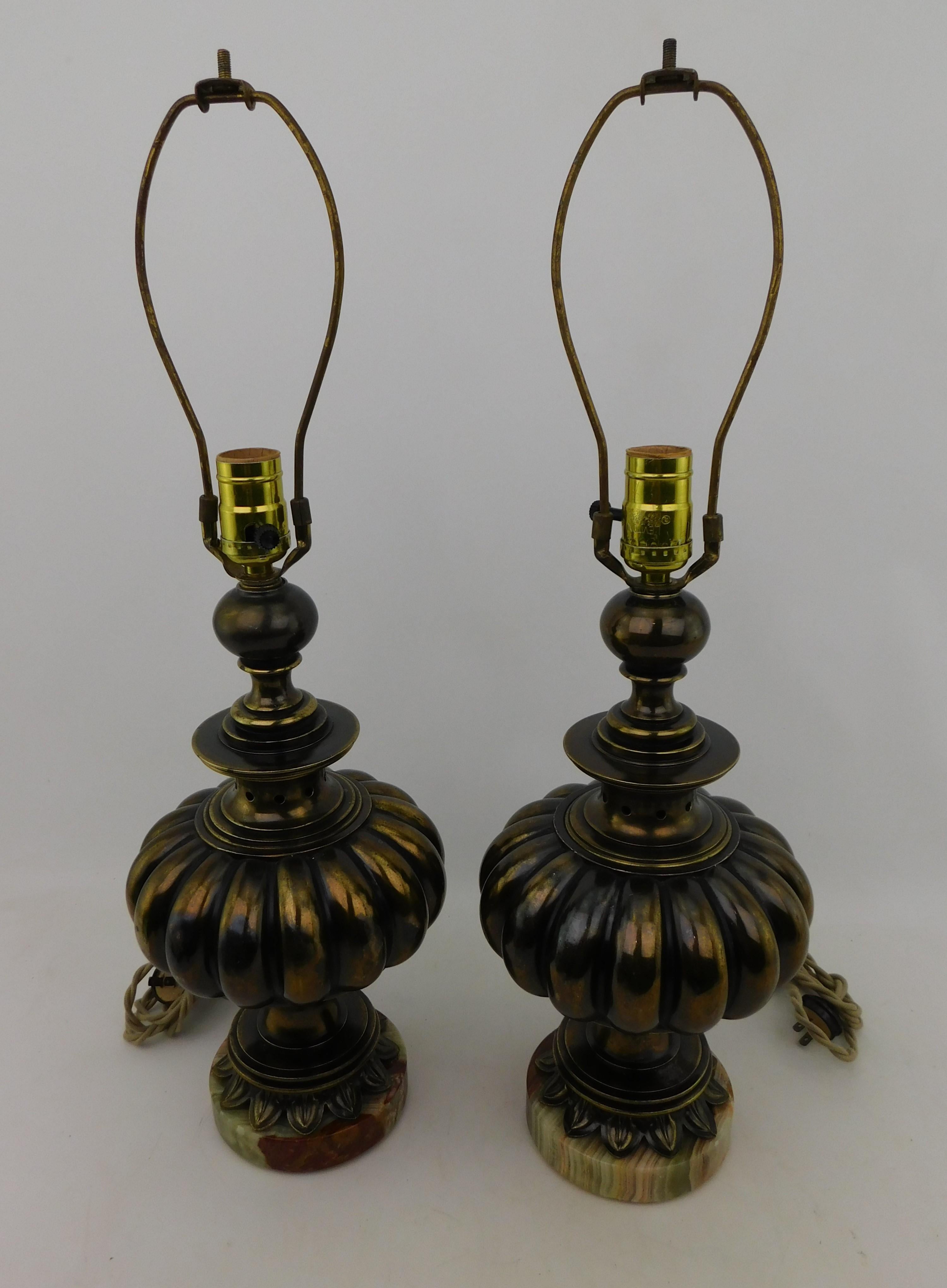 Pair of Hollywood Regency Brushed Bronze Table Lamps with Marble Bases For Sale 5