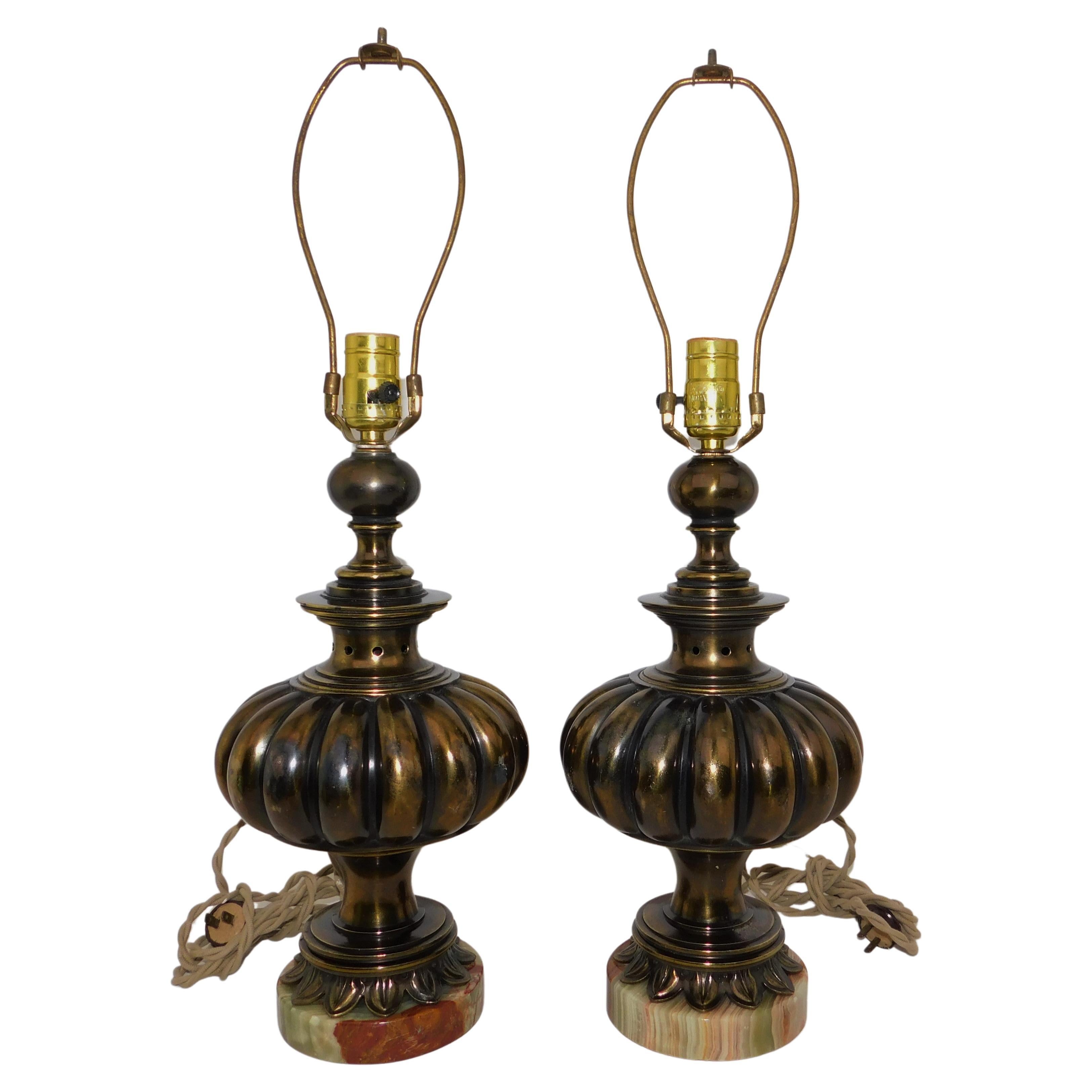 Pair of Hollywood Regency Brushed Bronze Table Lamps with Marble Bases For Sale