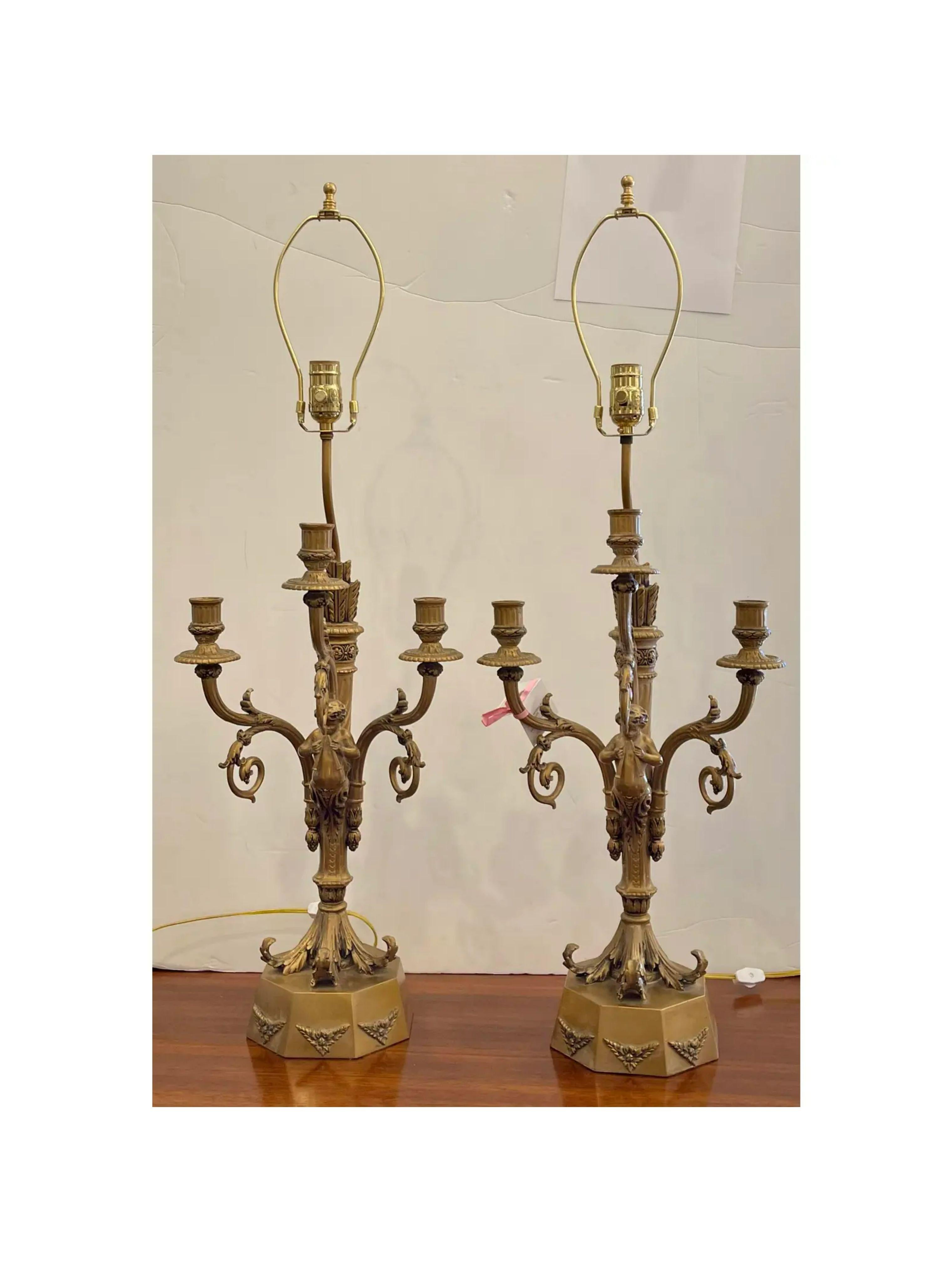 Pair of Hollywood Regency Candelabra Lamps with Trumpet Playing Putti For Sale 8