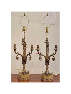 Pair of Hollywood Regency Candelabra Lamps with Trumpet Playing Putti