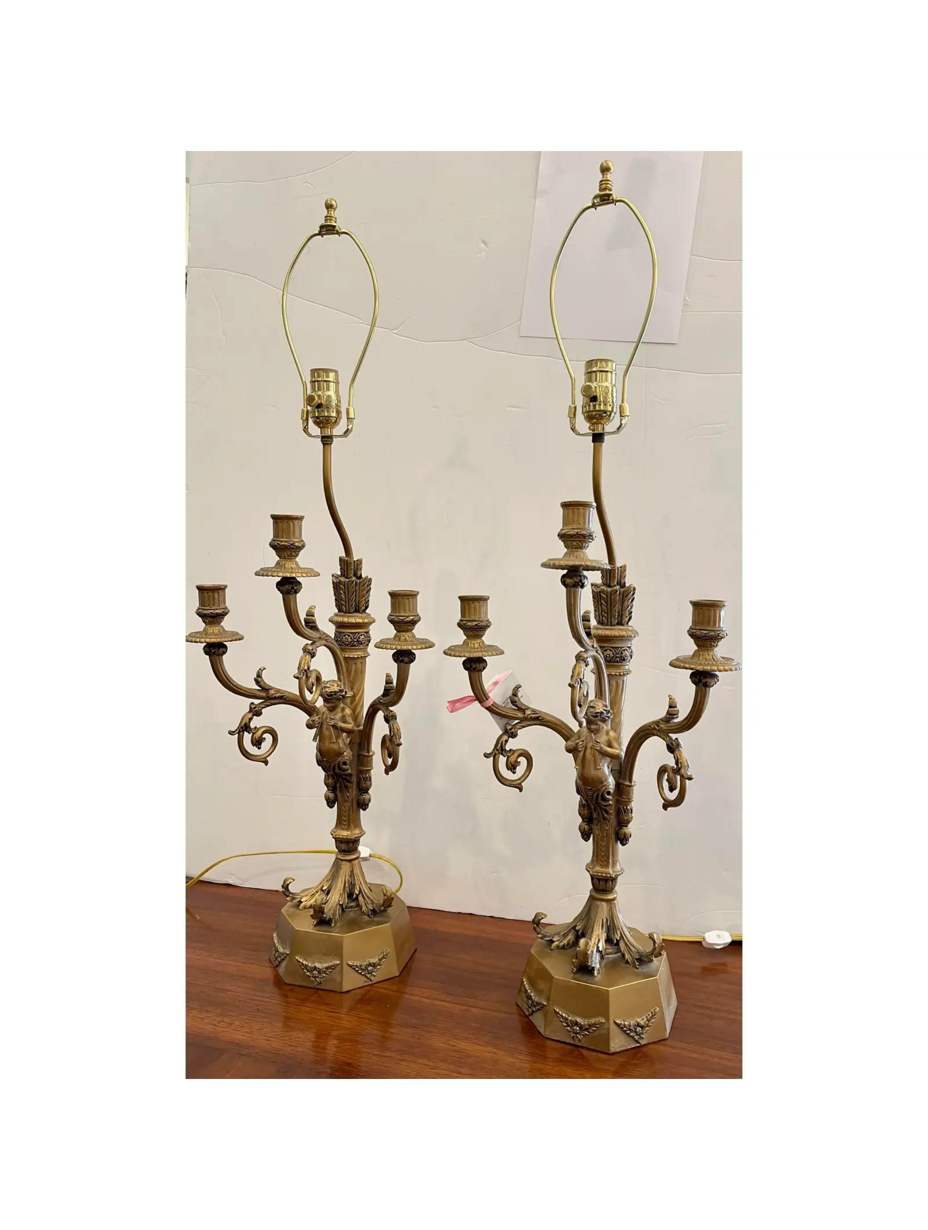 Pair of Hollywood Regency Candelabra Lamps with Trumpet Playing Putti In Good Condition For Sale In LOS ANGELES, CA