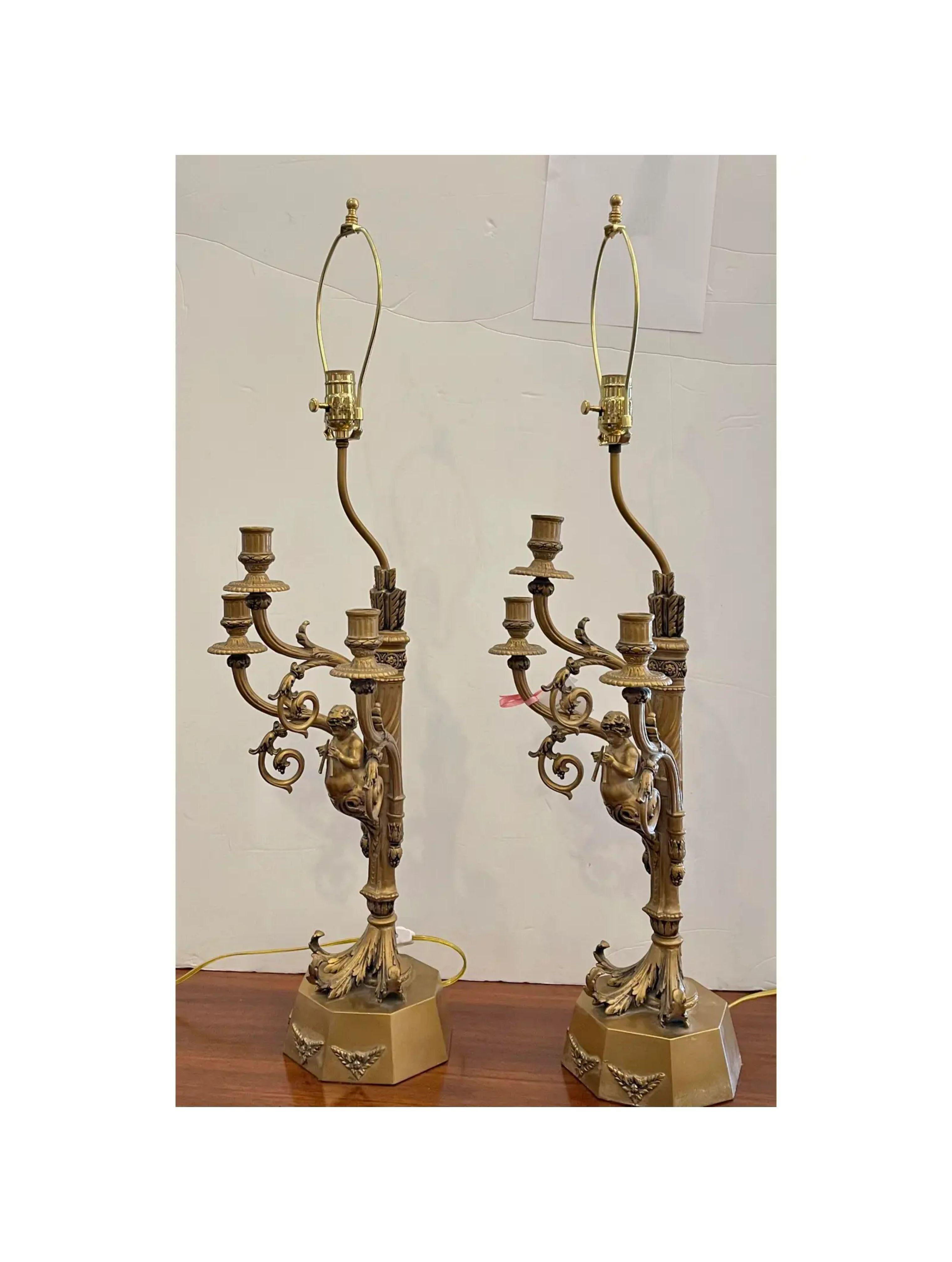 20th Century Pair of Hollywood Regency Candelabra Lamps with Trumpet Playing Putti For Sale