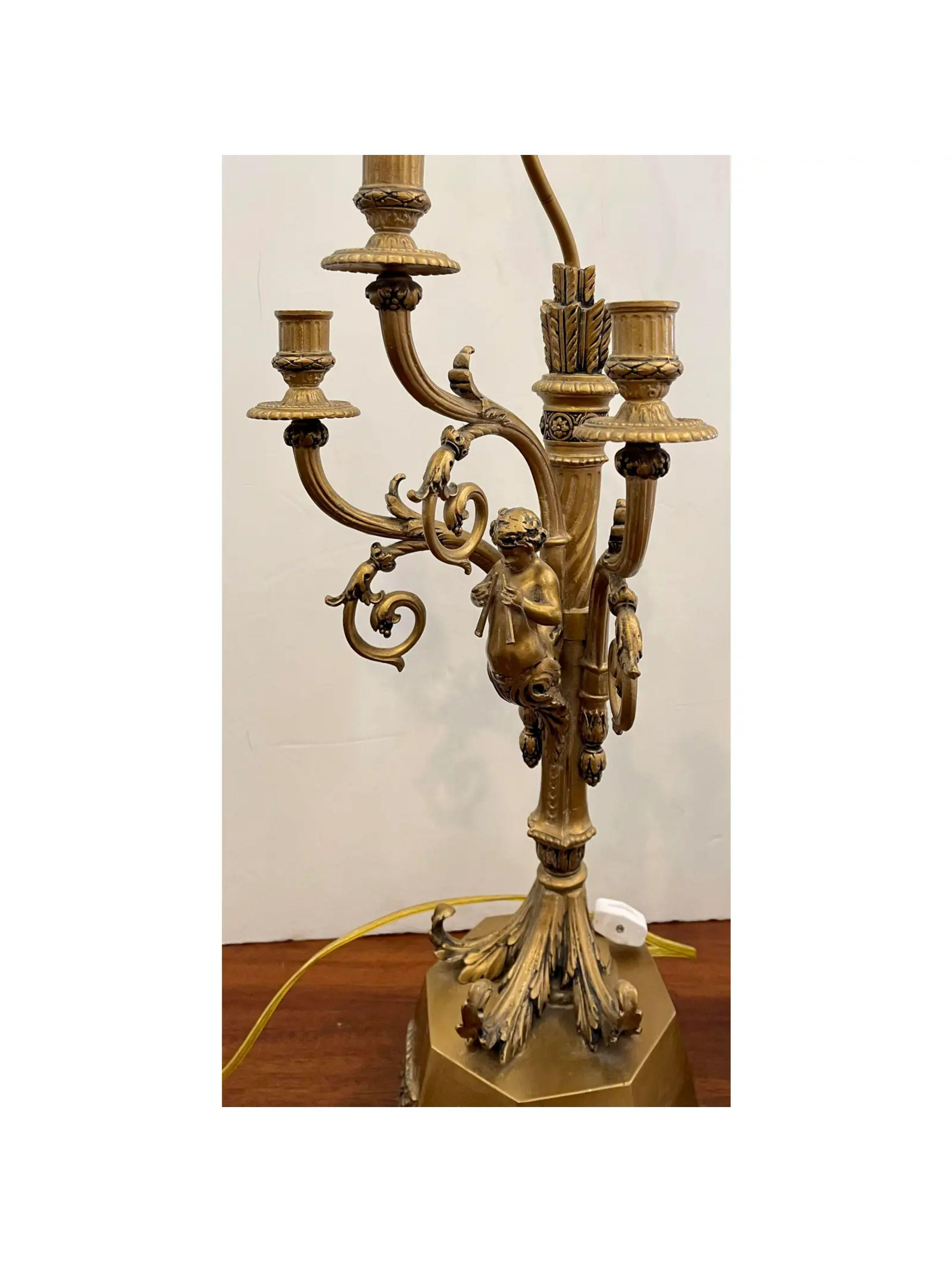 Pair of Hollywood Regency Candelabra Lamps with Trumpet Playing Putti For Sale 2