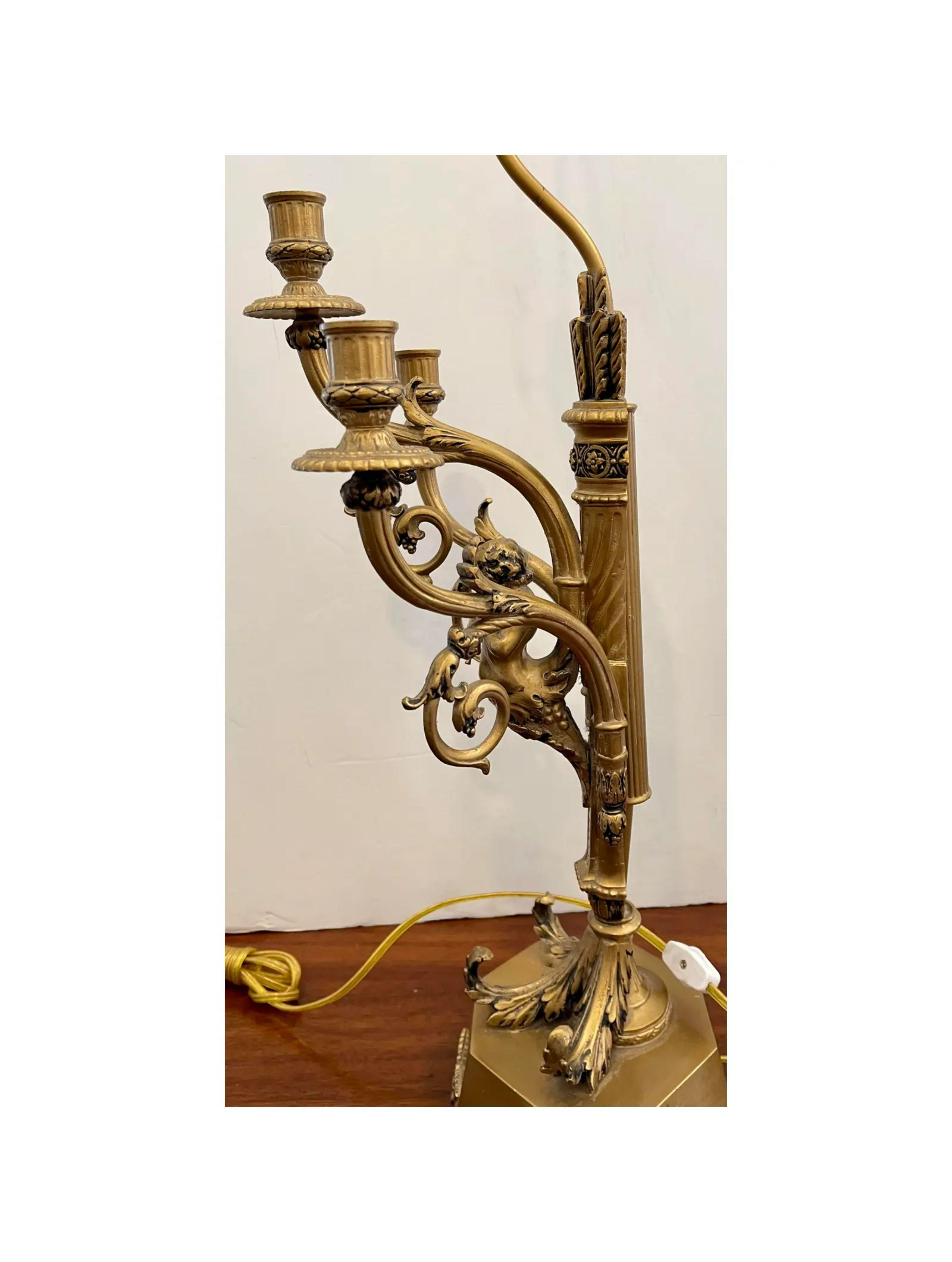Pair of Hollywood Regency Candelabra Lamps with Trumpet Playing Putti For Sale 3