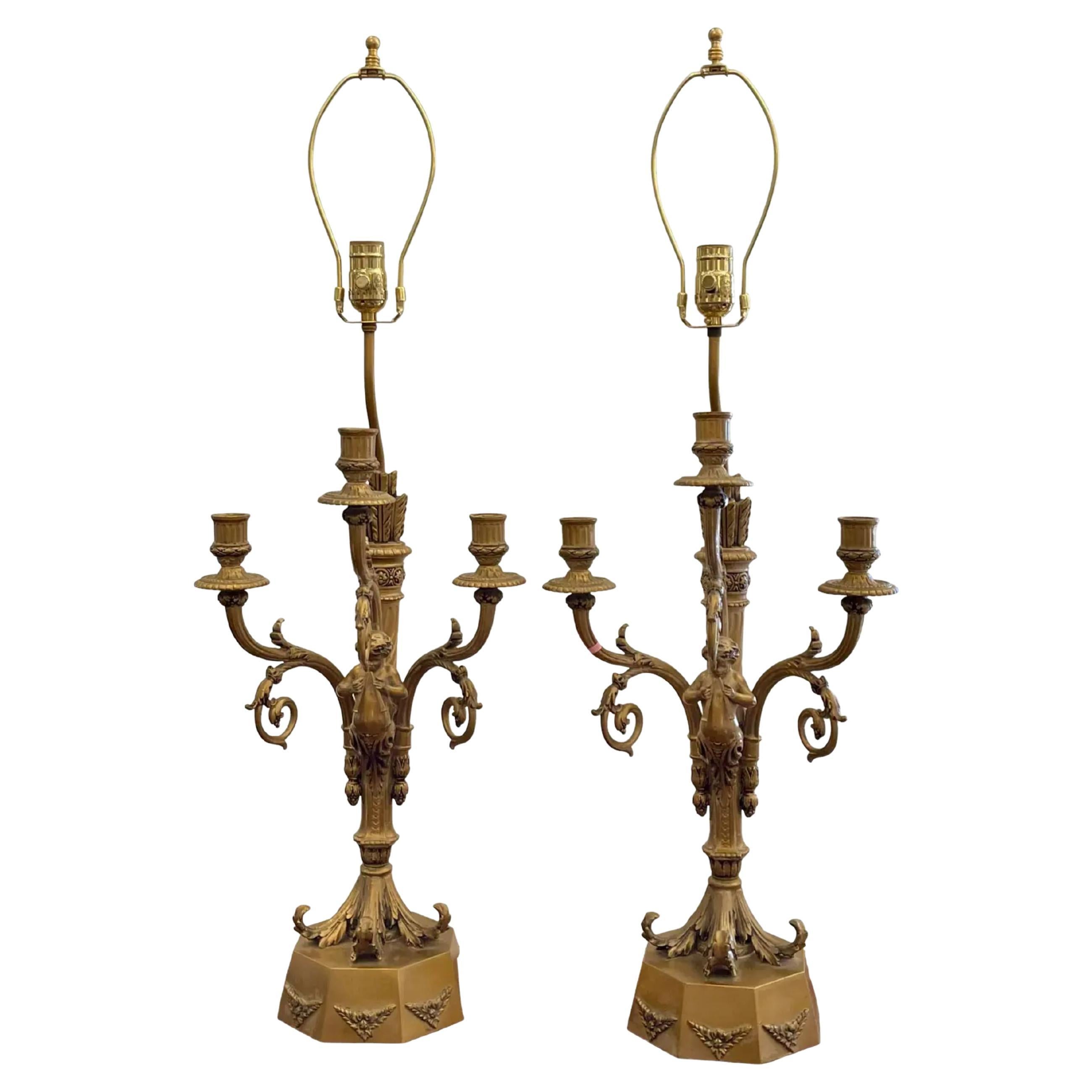 Pair of Hollywood Regency Candelabra Lamps with Trumpet Playing Putti