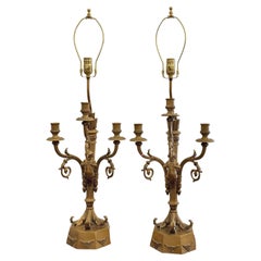 Antique Pair of Hollywood Regency Candelabra Lamps with Trumpet Playing Putti