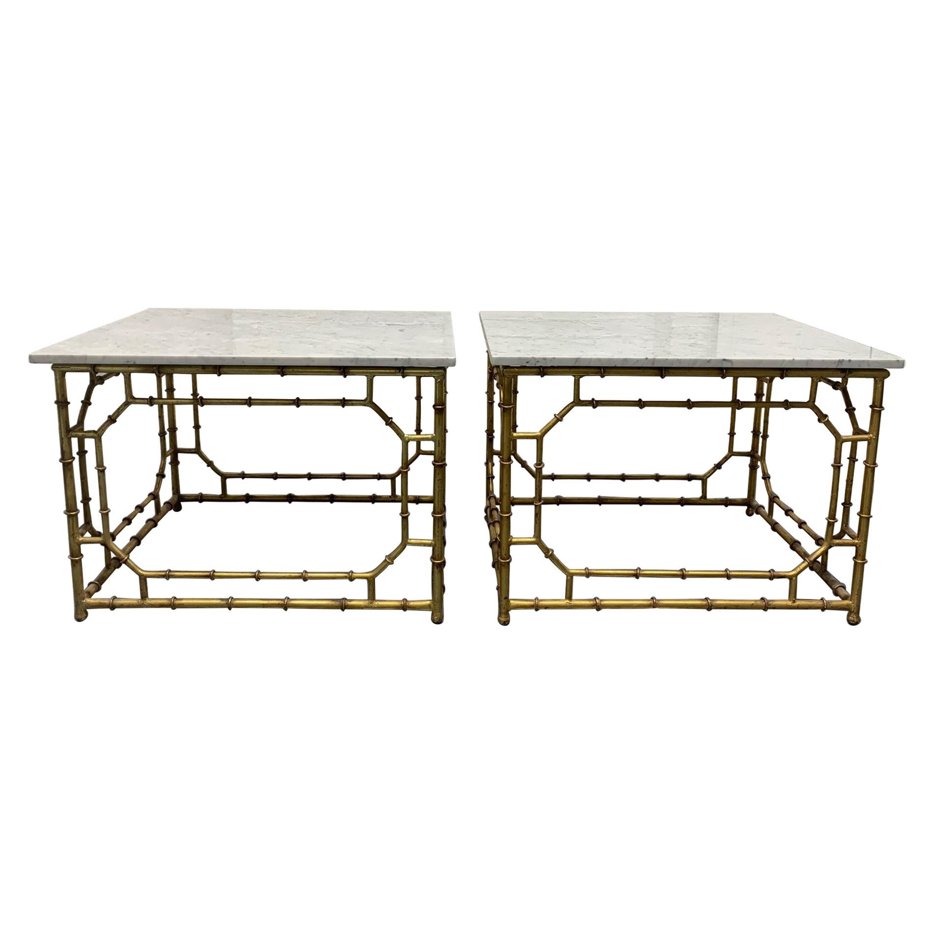 Pair of Hollywood Regency Carrara Marble-Top Faux Bamboo Tables For Sale