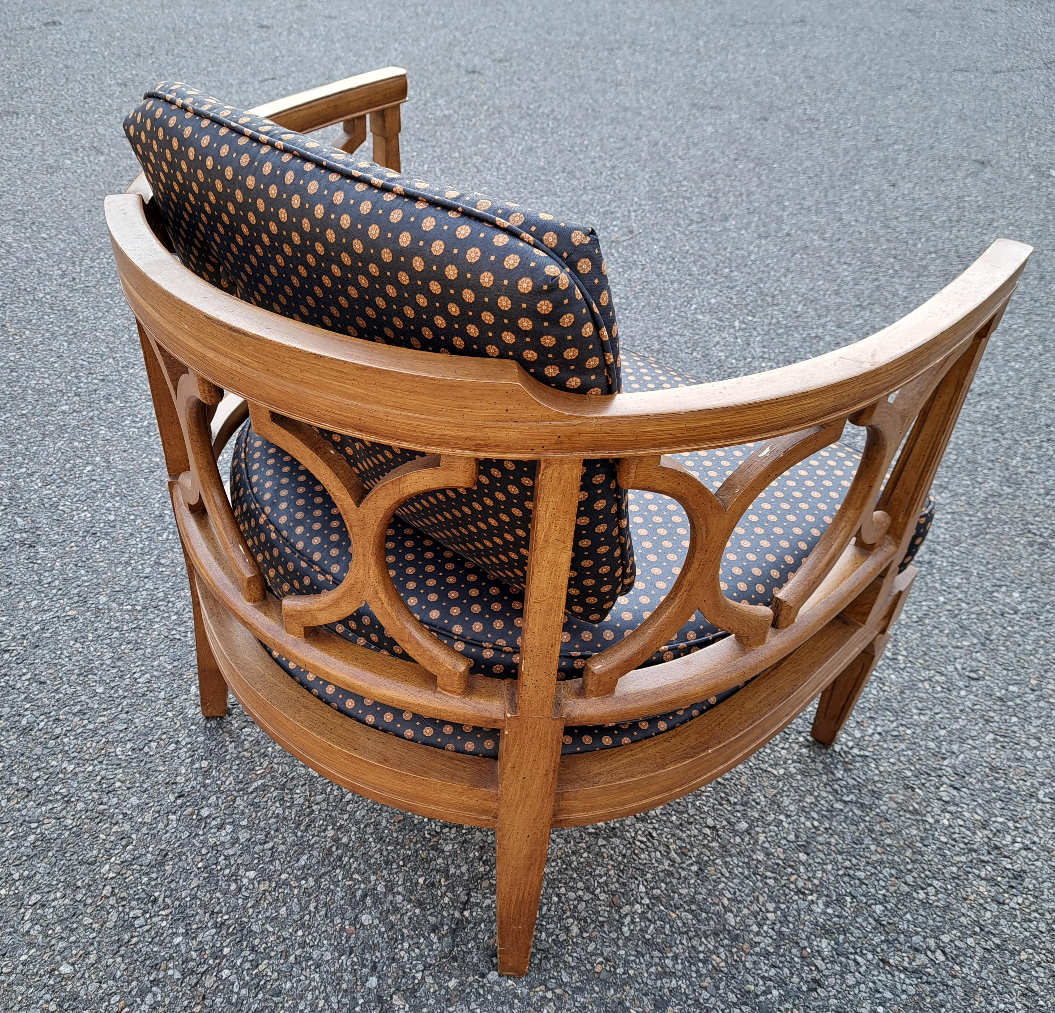 Wood Pair of Hollywood Regency Carved Curved Back Bucket Chairs For Sale
