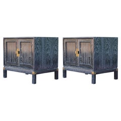 Pair of Hollywood Regency Cerused Black and Brass Campaign Style Nightstands