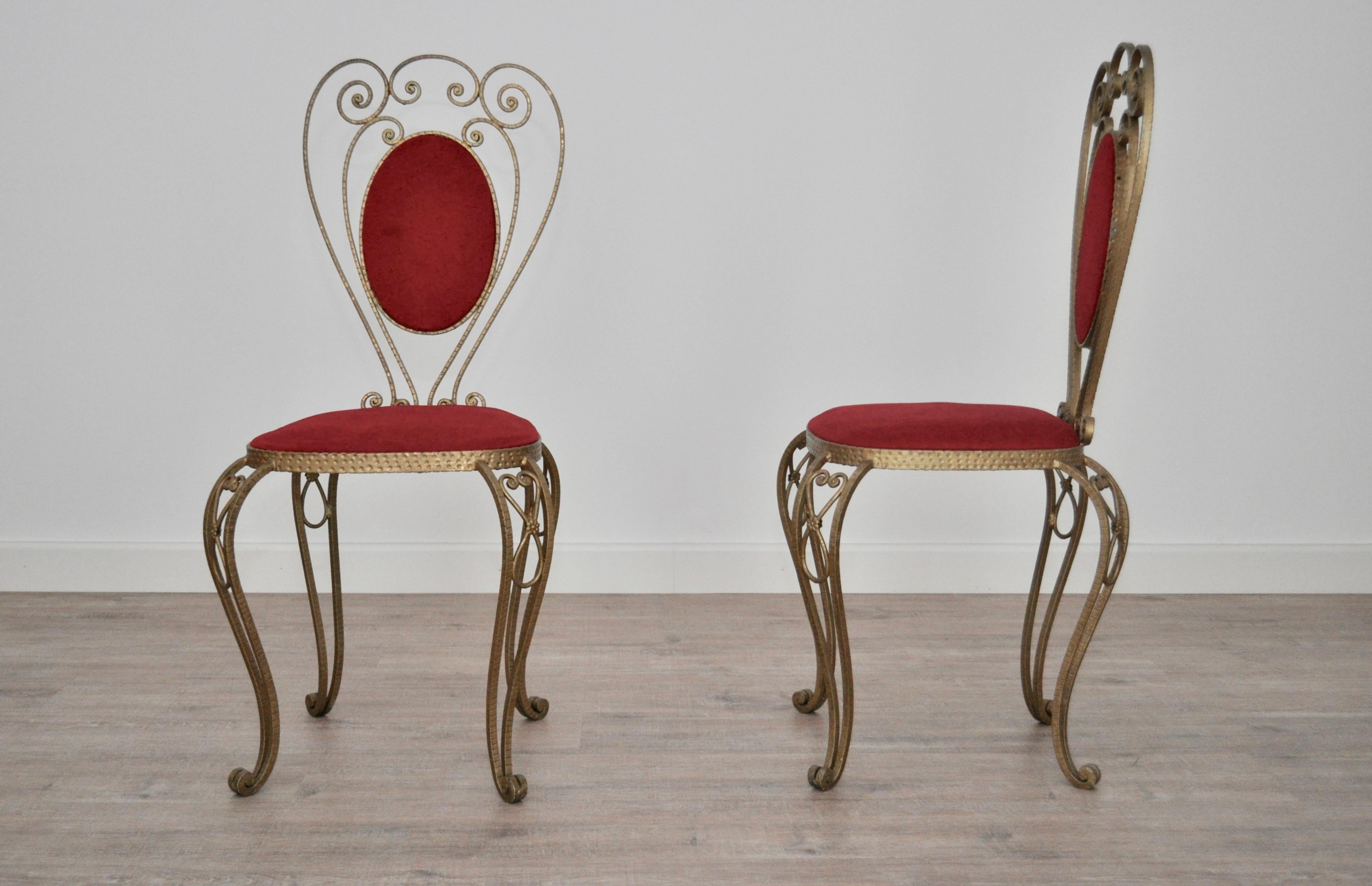 Pair of Hollywood Regency Chairs in Wrought Iron Brass Painted, Italy, 1970s In Excellent Condition For Sale In Manzano, Friuli Venezia Giulia
