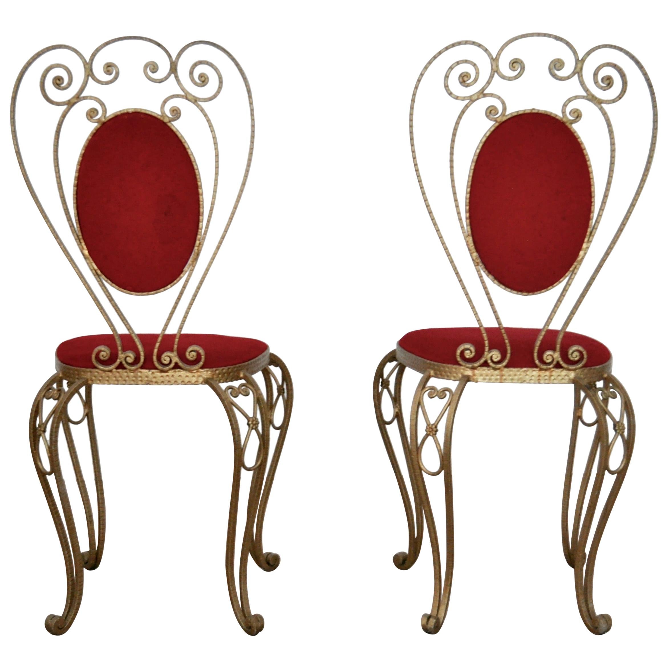 Pair of Hollywood Regency Chairs in Wrought Iron Brass Painted, Italy, 1970s For Sale