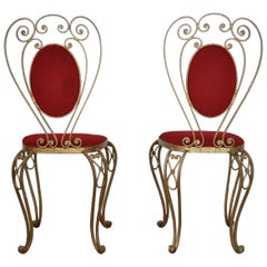 Pair of Hollywood Regency Chairs in Wrought Iron Brass Painted, Italy, 1970s