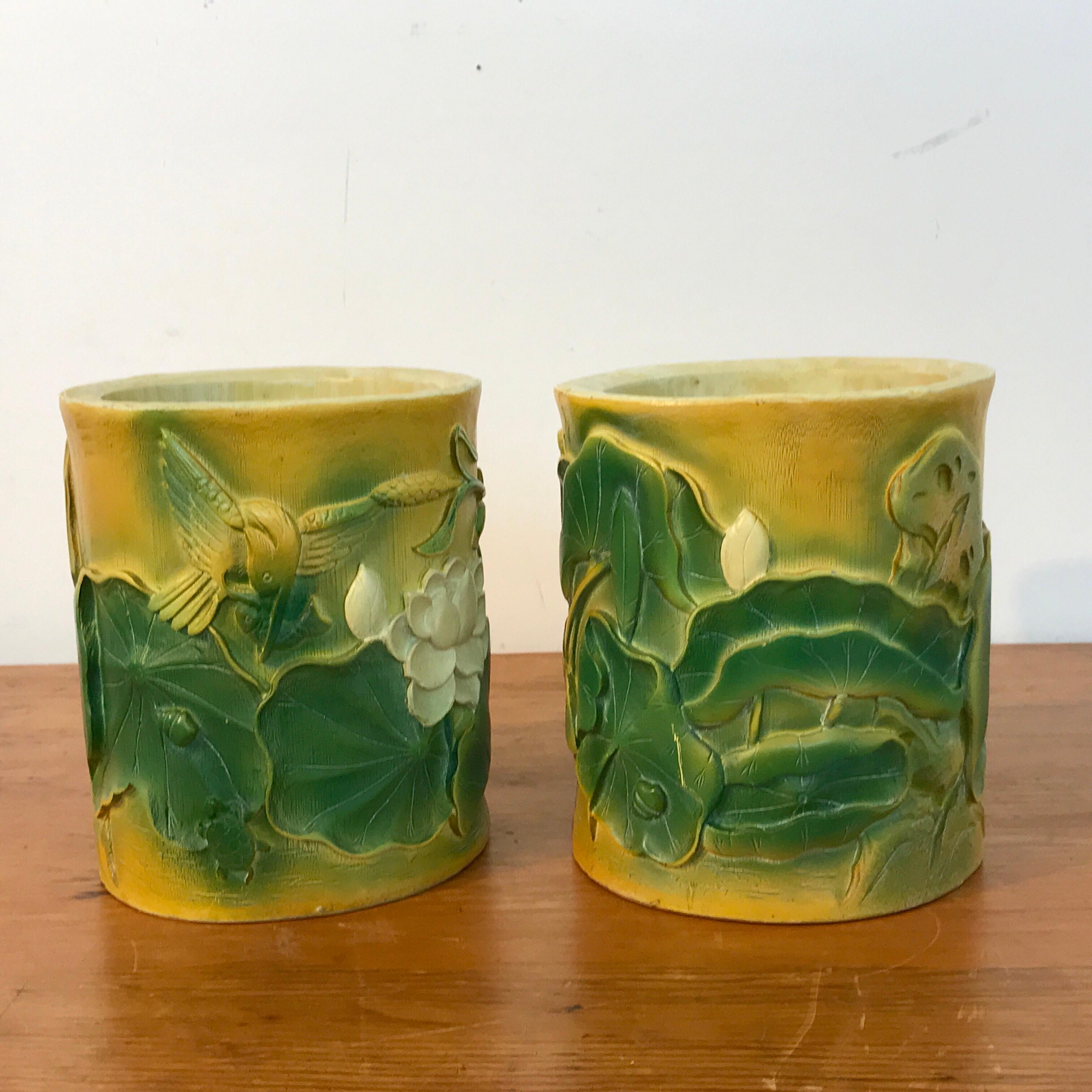 Pair of Hollywood Regency Chinese bamboo Motif Brushpot Motif Cachepots, Each one with colorful floral incised decoration. The interior measures 4.5