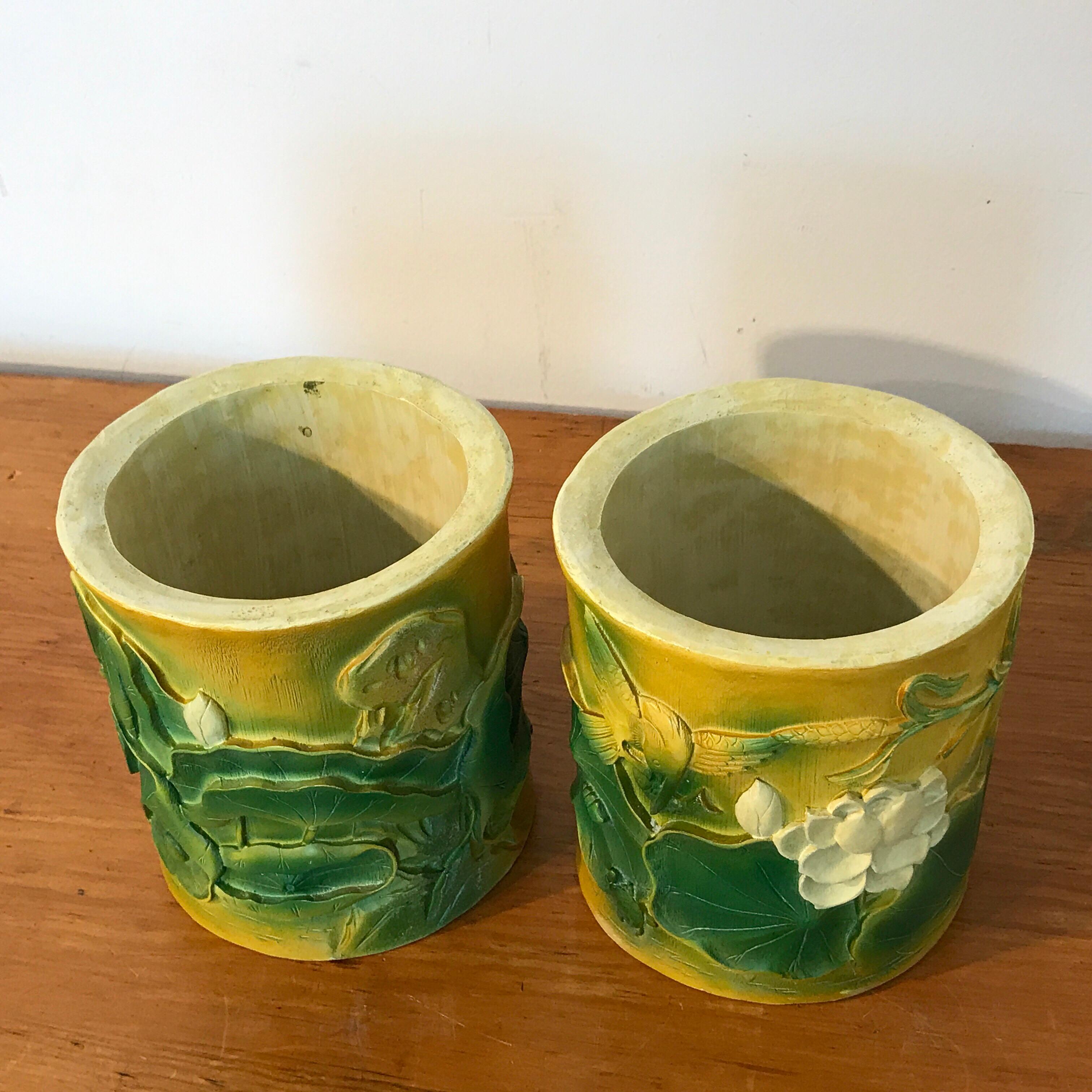 Pair of Hollywood Regency Chinese Bamboo Motif Brushpot Motif Cachepots In Good Condition In West Palm Beach, FL