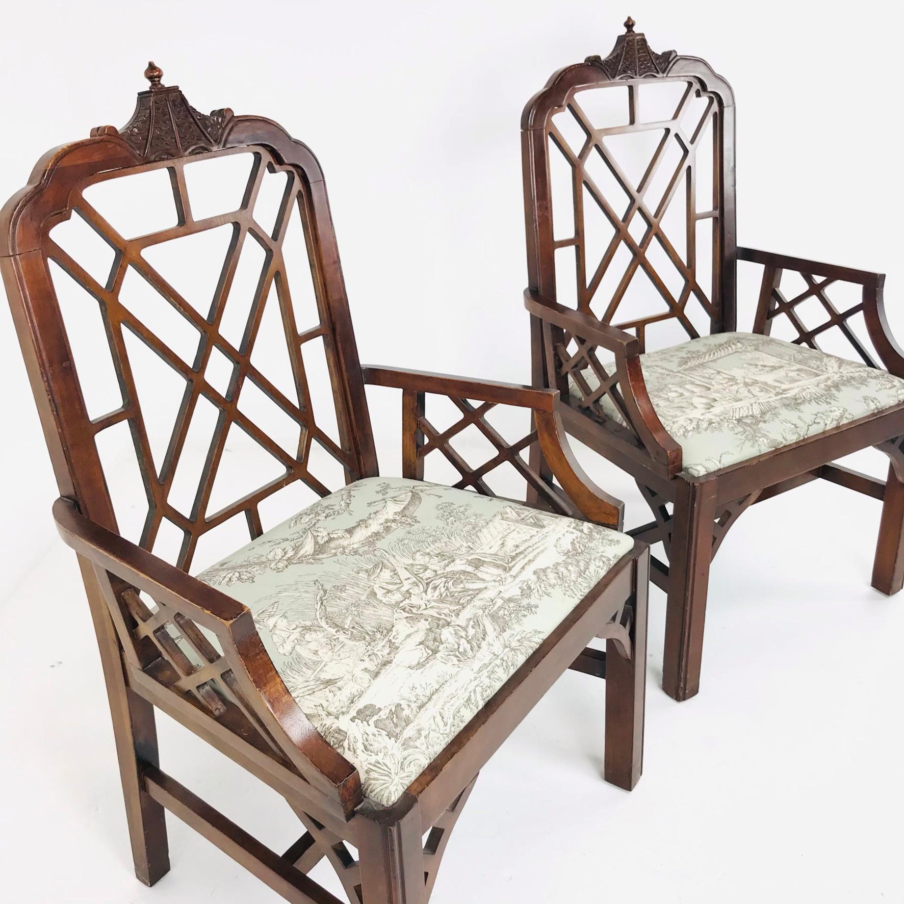 Upholstery Pair of Hollywood Regency Chinese Chippendale Chairs