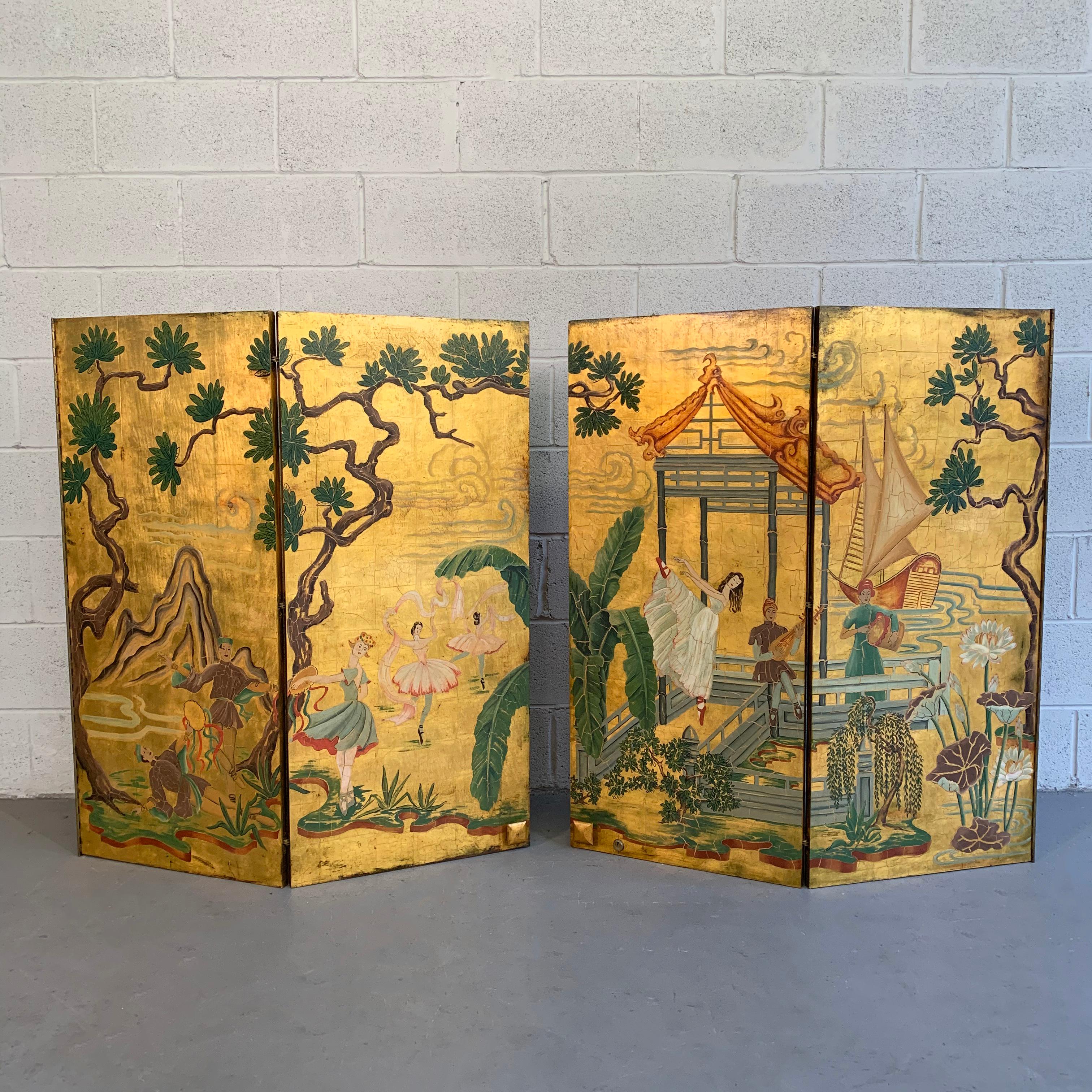 Interesting pair of gilt, hand painted, Hollywood Regency, chinoiserie, bi-fold, door panels feature a fantasy ballet dance scene. The panels can be used as doors or a wall hanging.