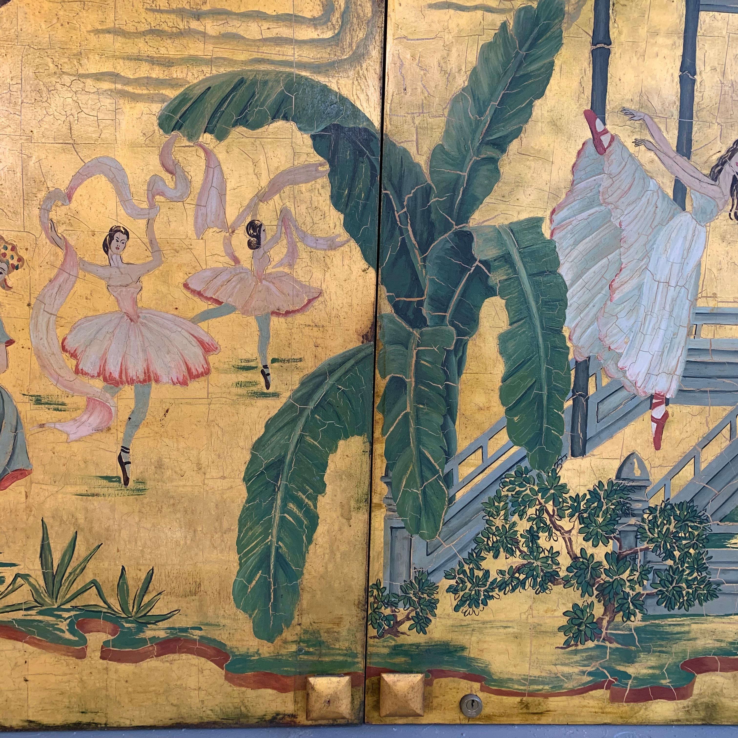 Pair of Hollywood Regency Chinoiserie Door Panel Paintings In Good Condition In Brooklyn, NY