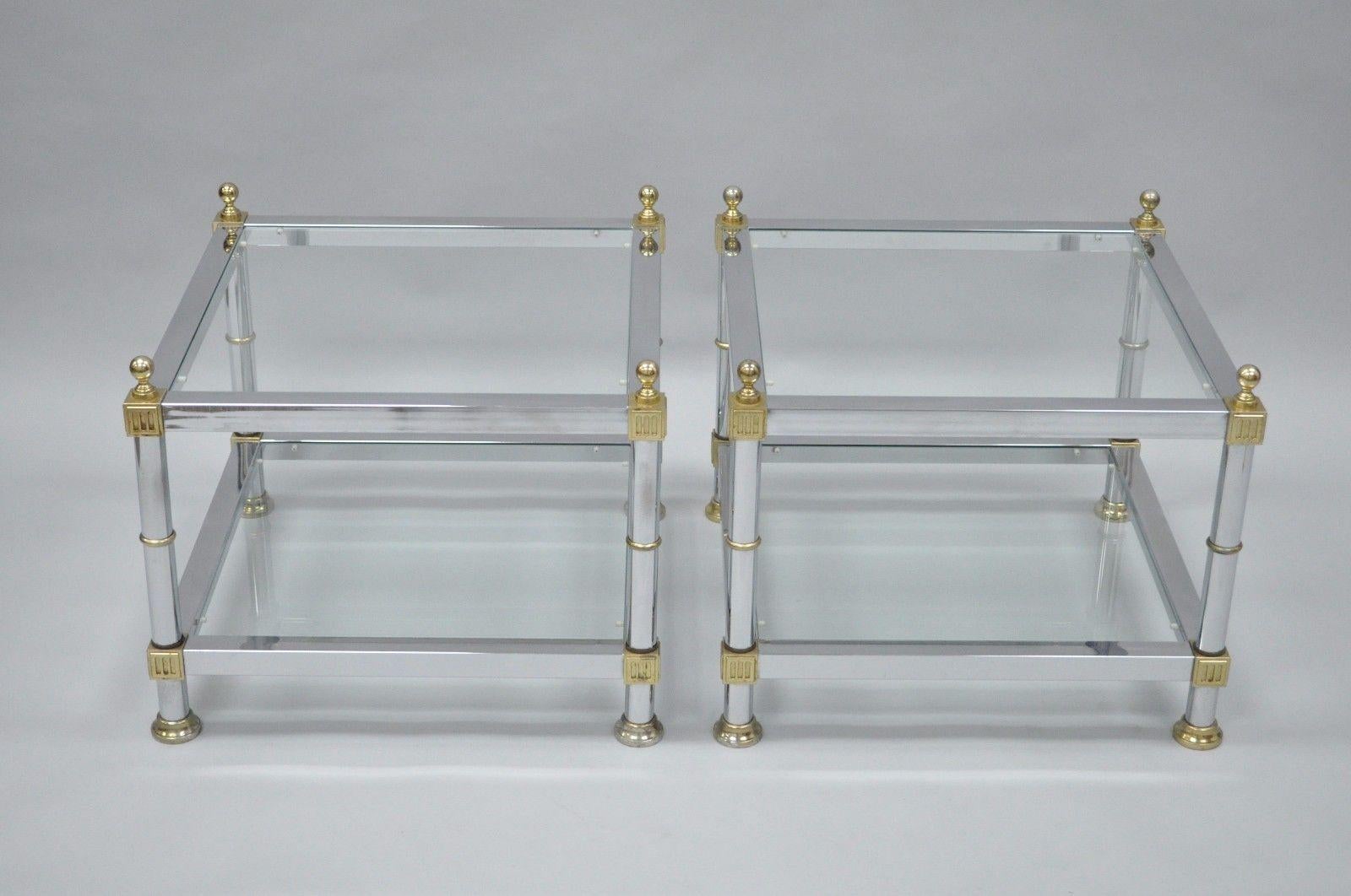 Pair of Hollywood Regency Chrome Brass Glass Square End Tables 5