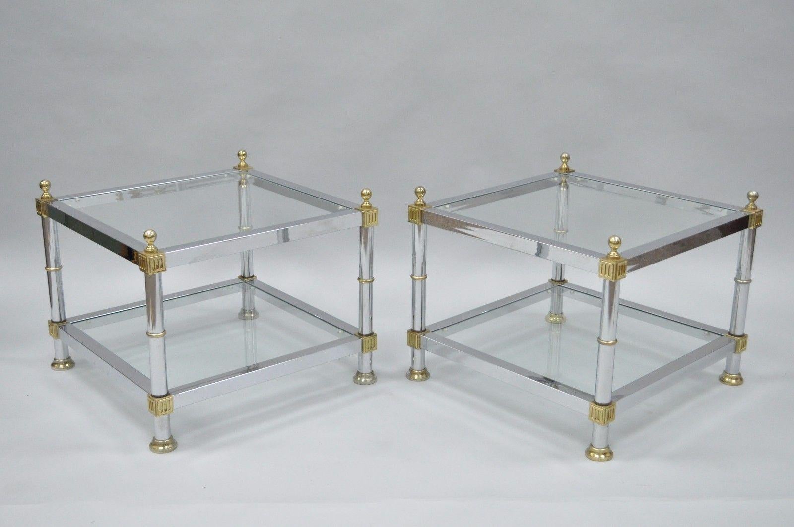 Pair of Hollywood Regency Chrome Brass Glass Square End Tables 6