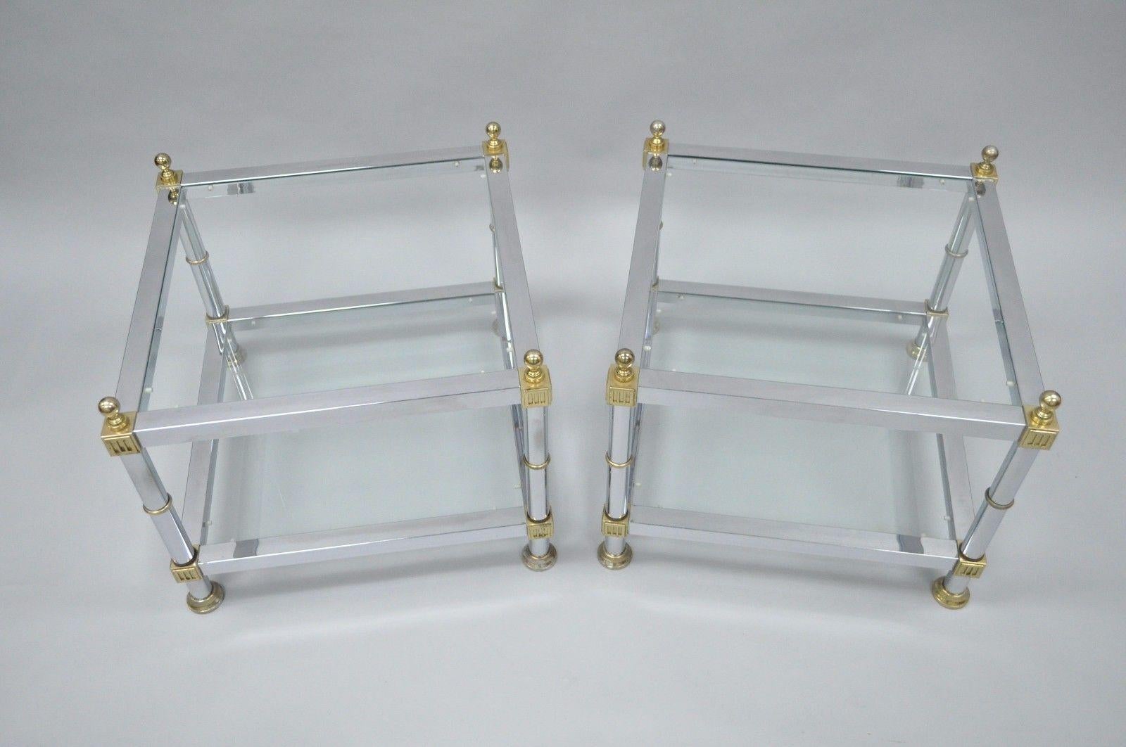 American Pair of Hollywood Regency Chrome Brass Glass Square End Tables