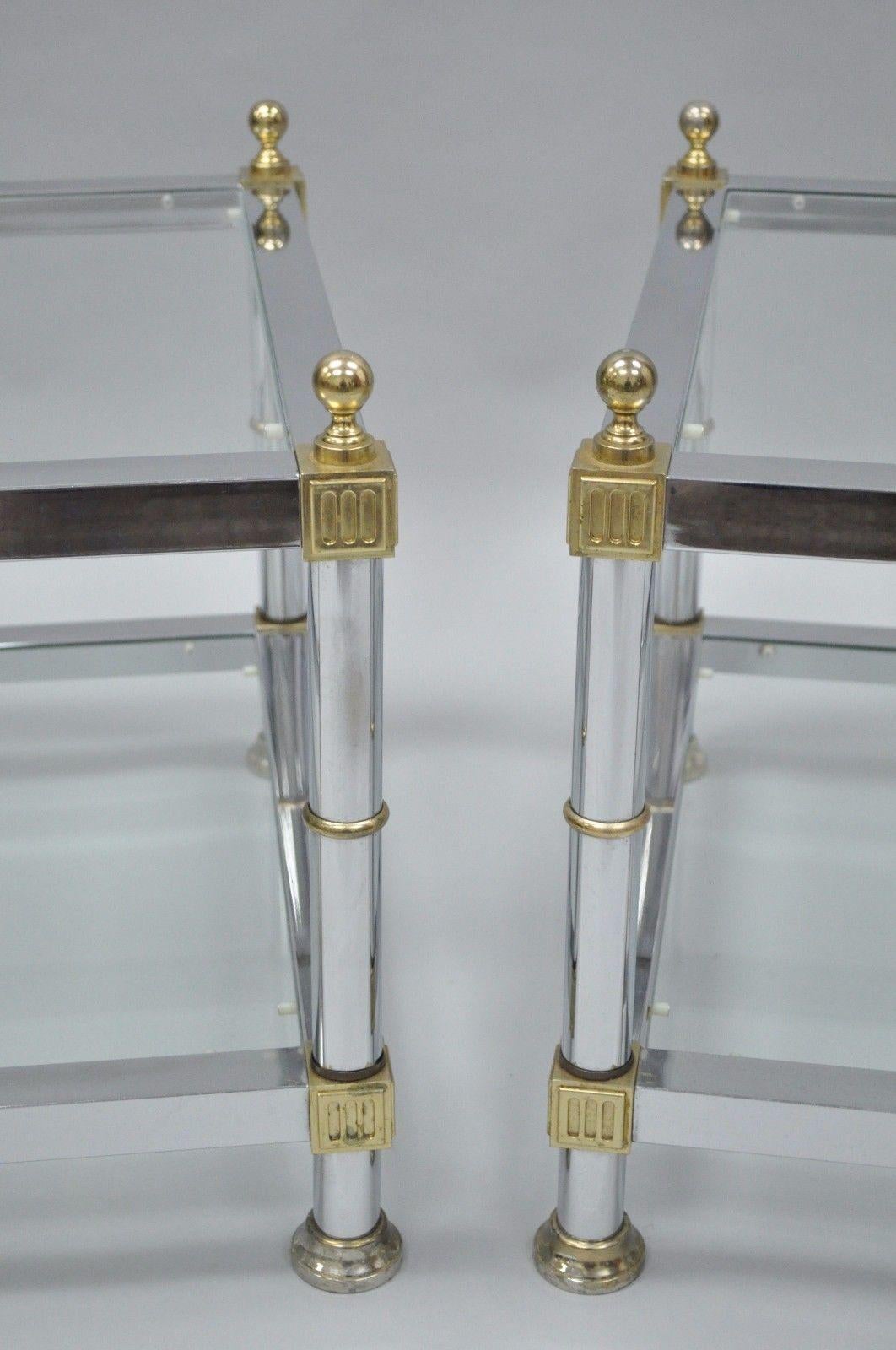Pair of Hollywood Regency Chrome Brass Glass Square End Tables In Good Condition In Philadelphia, PA