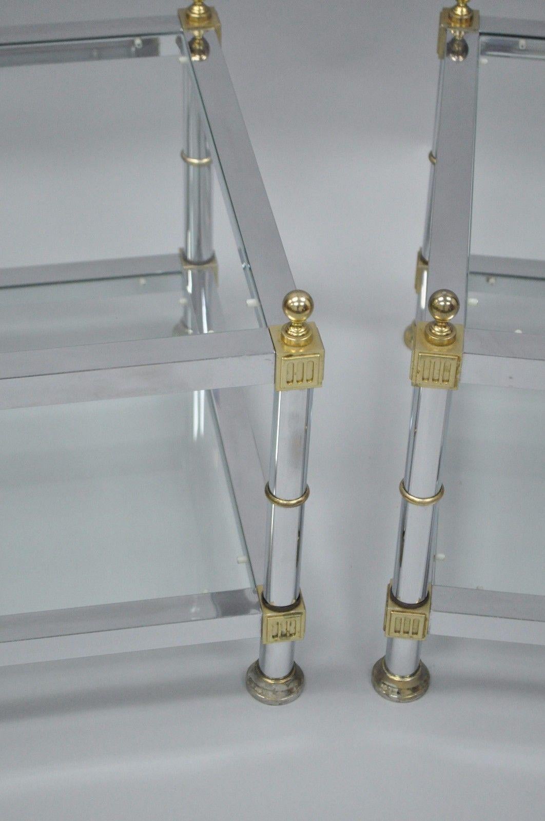 Late 20th Century Pair of Hollywood Regency Chrome Brass Glass Square End Tables