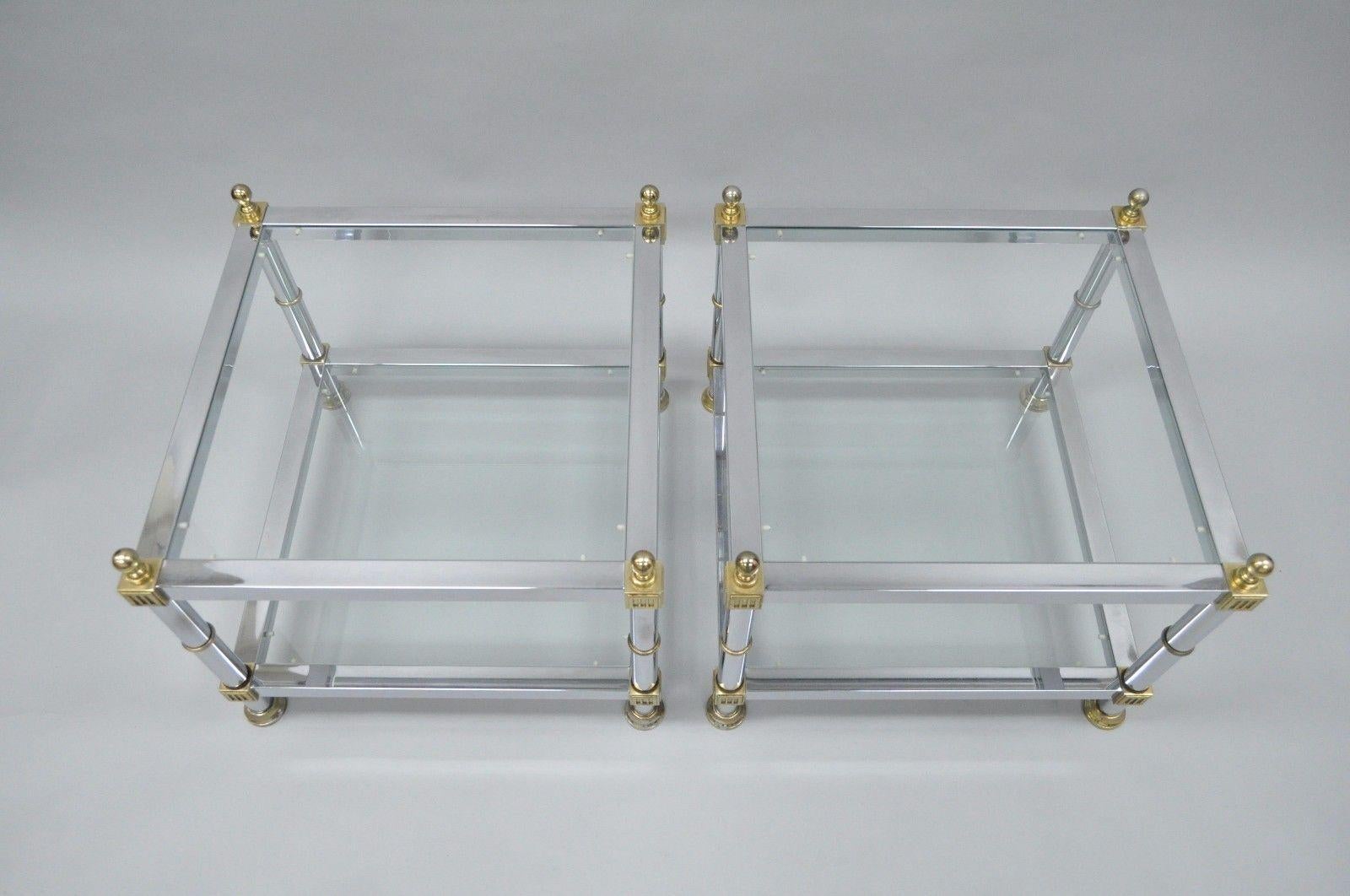 Pair of Hollywood Regency Chrome Brass Glass Square End Tables 2