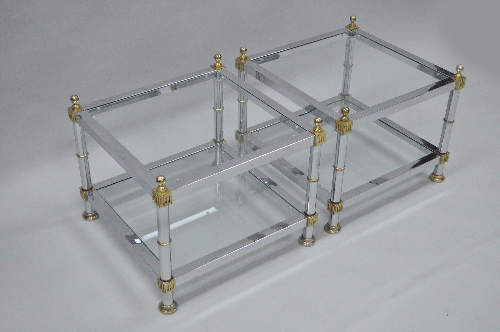 Pair of Hollywood Regency Chrome Brass Glass Square End Tables 3