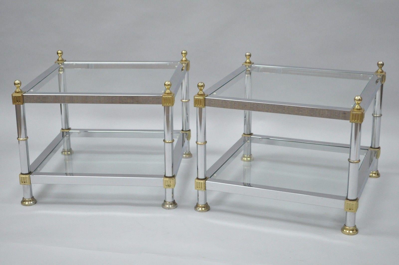 Pair of Hollywood Regency Chrome Brass Glass Square End Tables 4