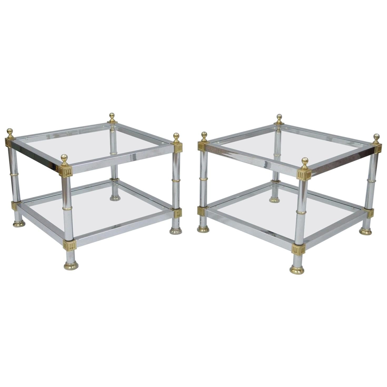 Pair of Hollywood Regency Chrome Brass Glass Square End Tables