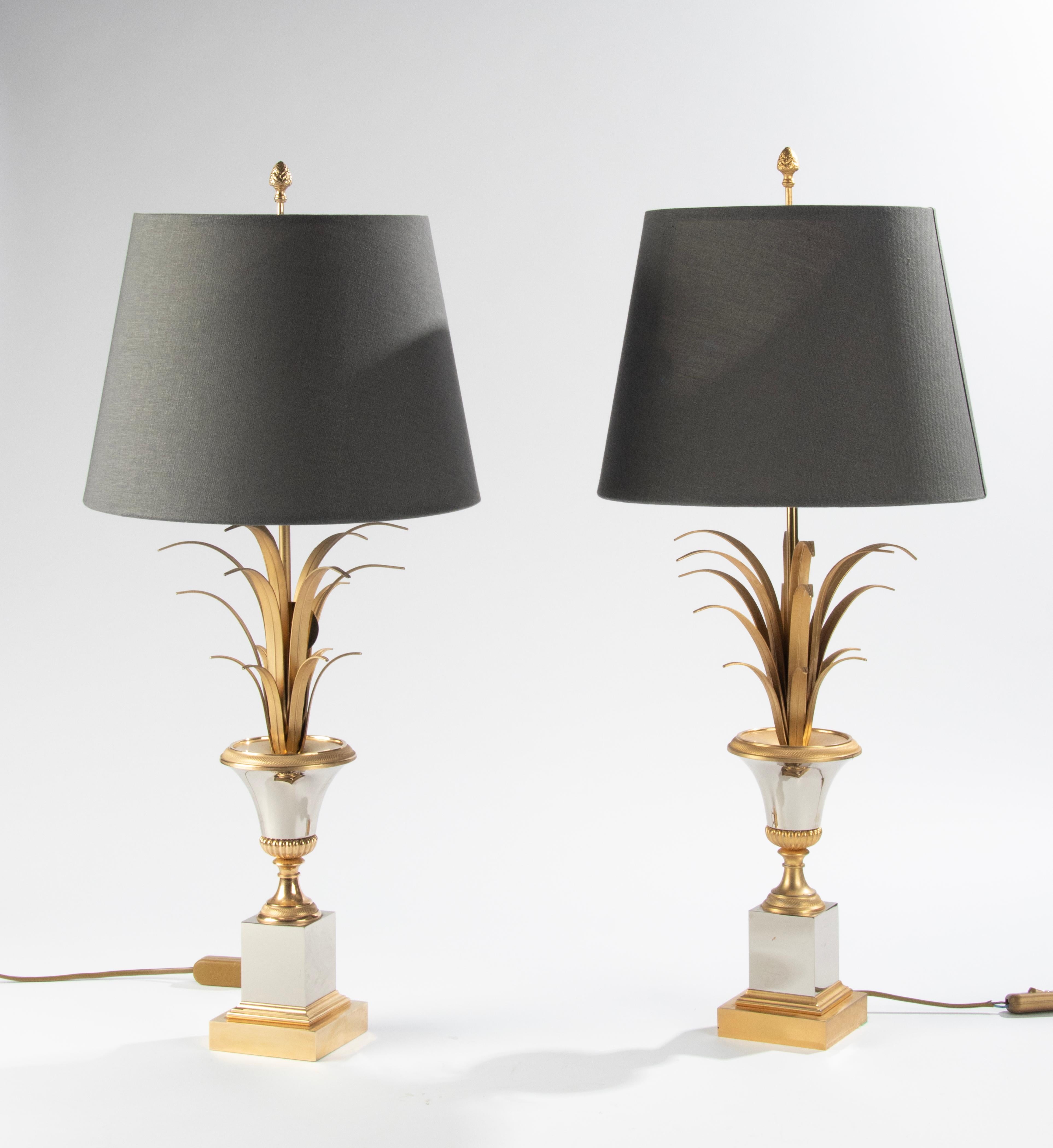 Belgian Pair of Hollywood Regency Chrome Maison Charles Style Table Lamp Palm Leaves
