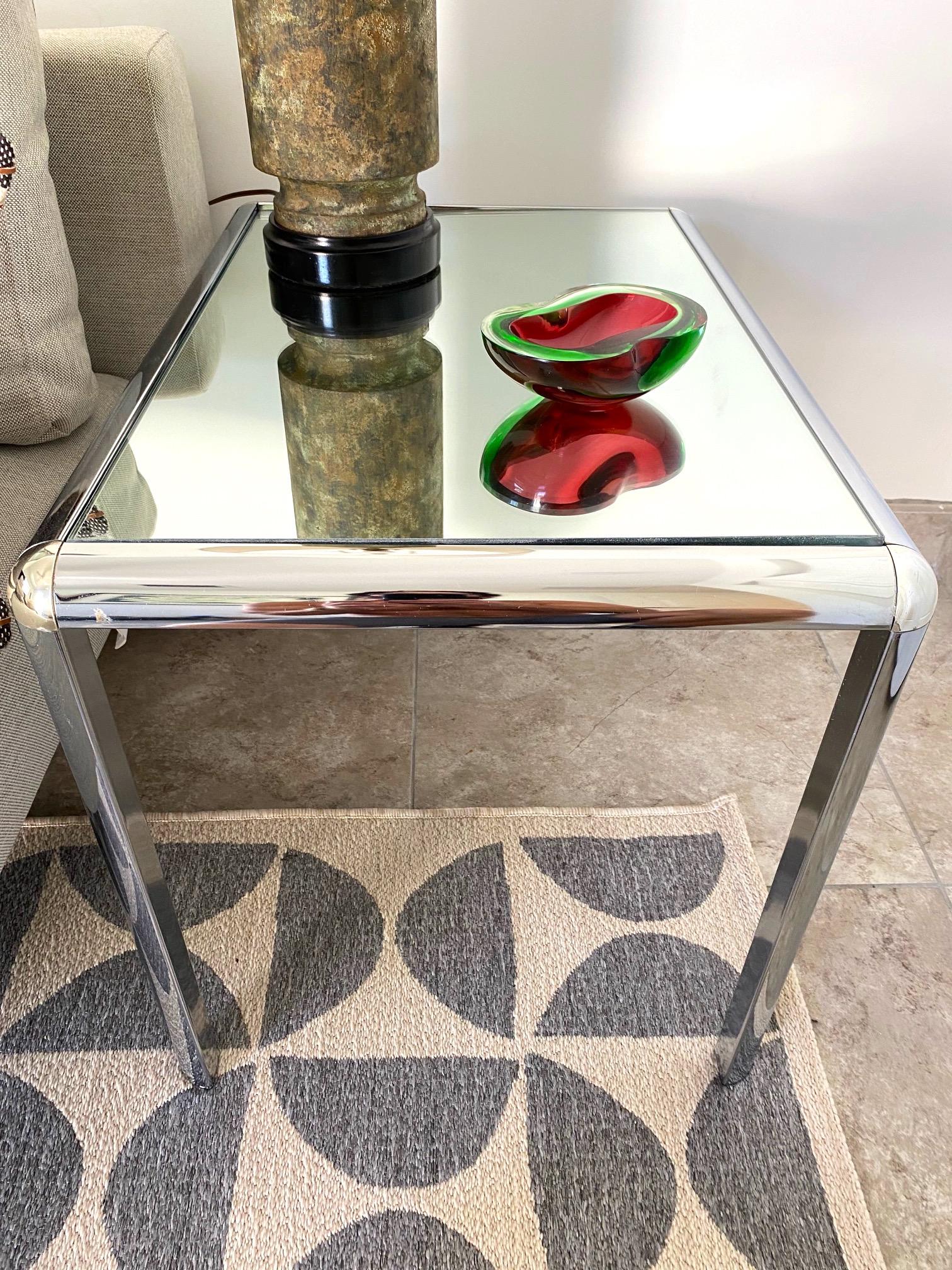 Late 20th Century Pair of Mid-Century Modern Chrome Side Tables with Mirrored Tops, c. 1970's For Sale