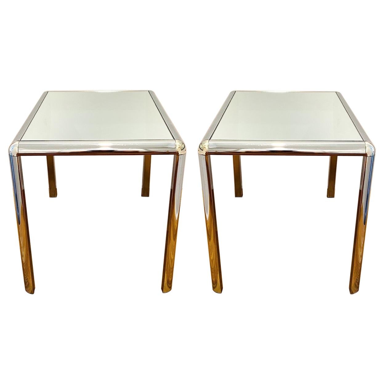Pair of Hollywood Regency Chrome Side Tables with Mirrored Tops, c. 1970's