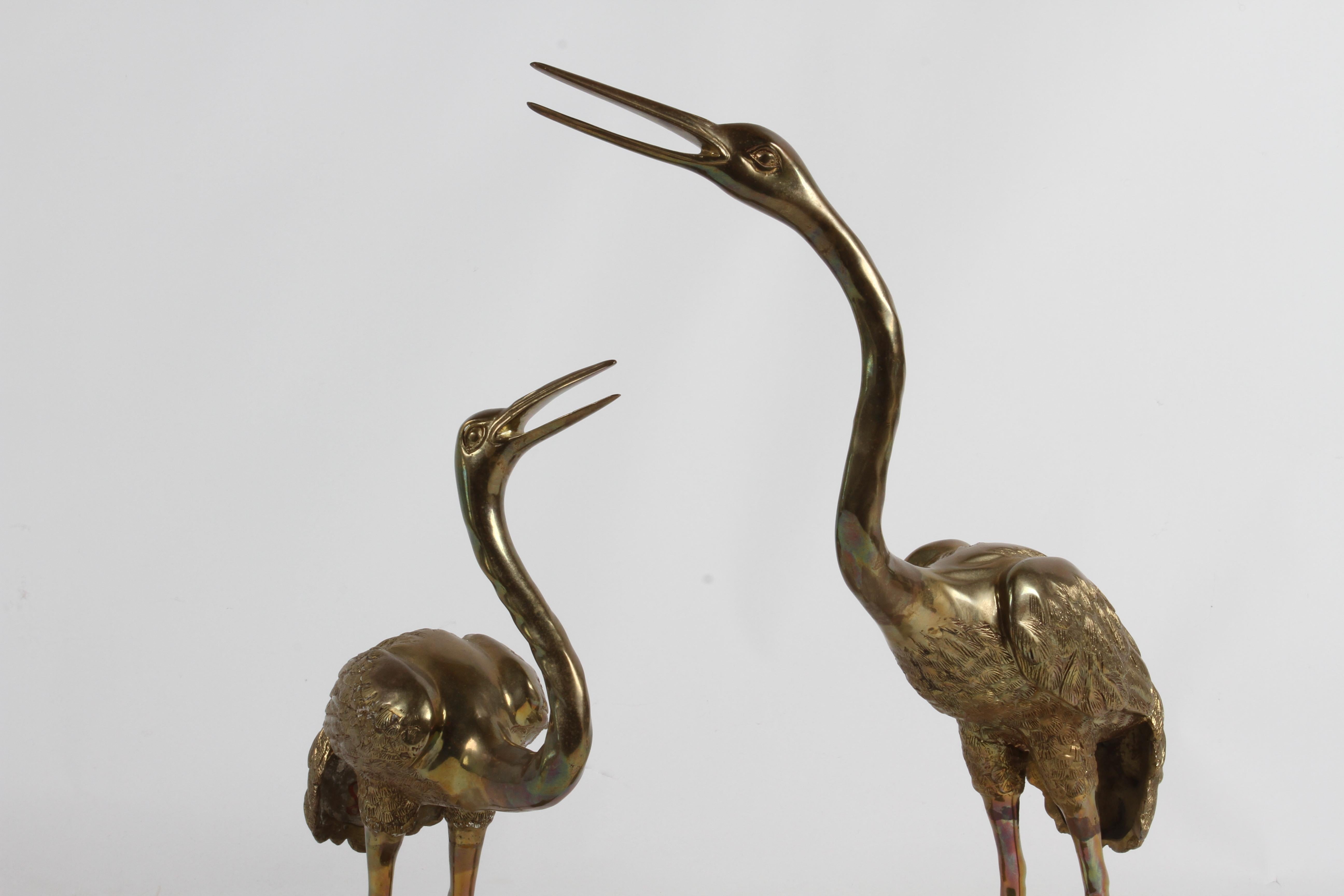 Thai Pair of Hollywood Regency Circa 1970s Large Brass Cranes or Herons Sculptures For Sale
