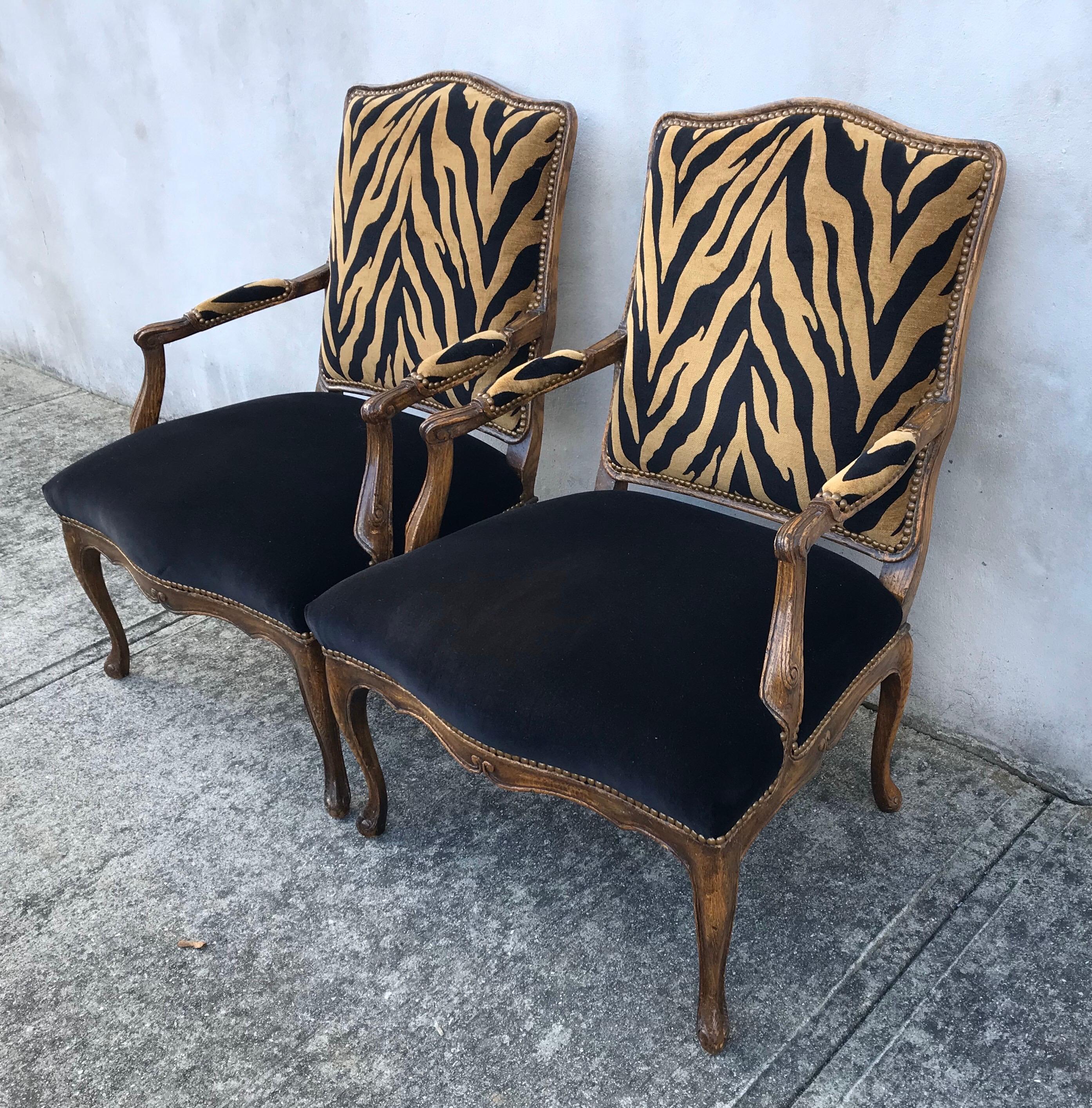 American Pair of Hollywood Regency Style Zebra Print Velvet Club Chairs, Oak Frames