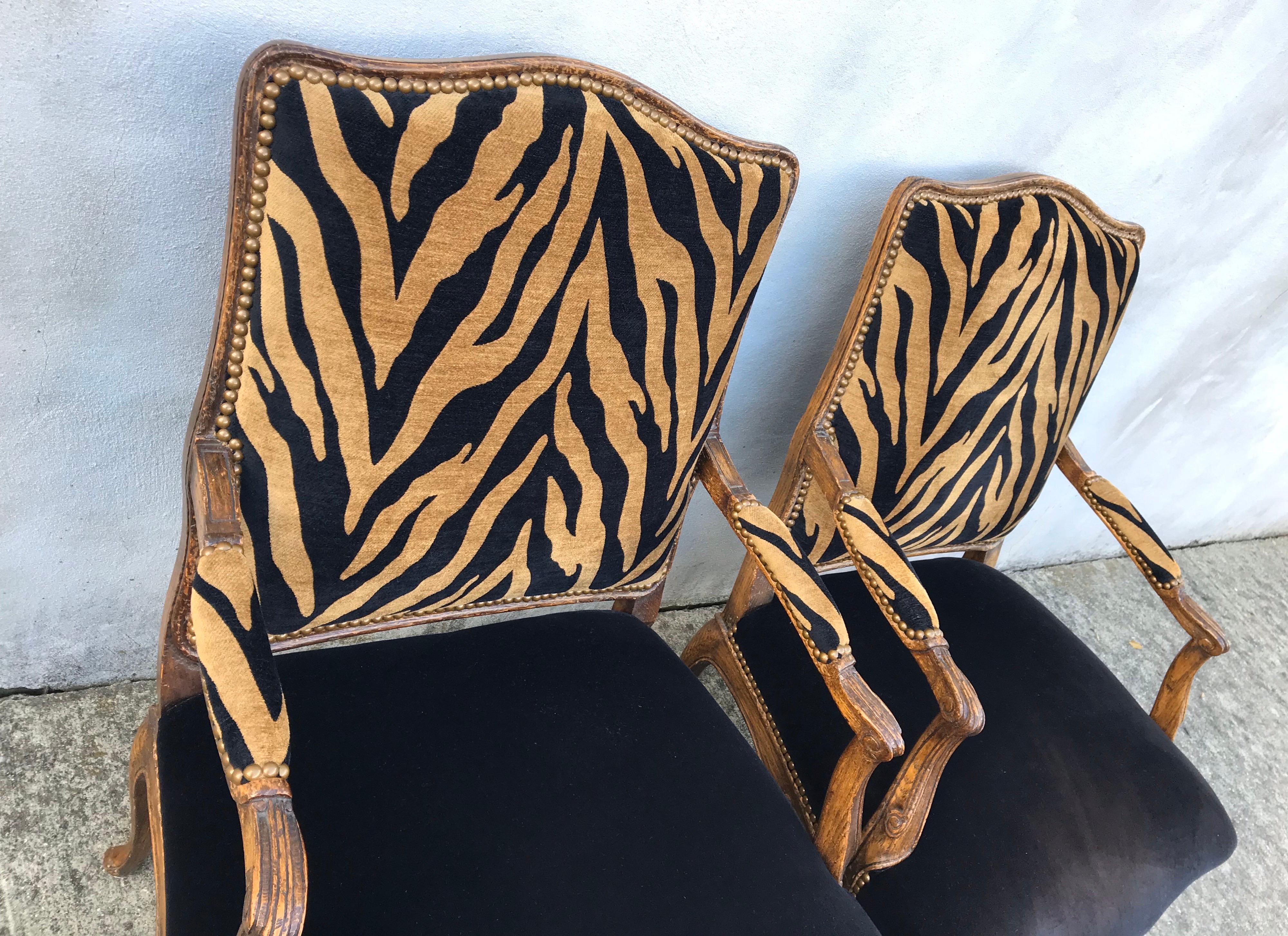 Pair of Hollywood Regency Style Zebra Print Velvet Club Chairs, Oak Frames In Good Condition In Bedford Hills, NY