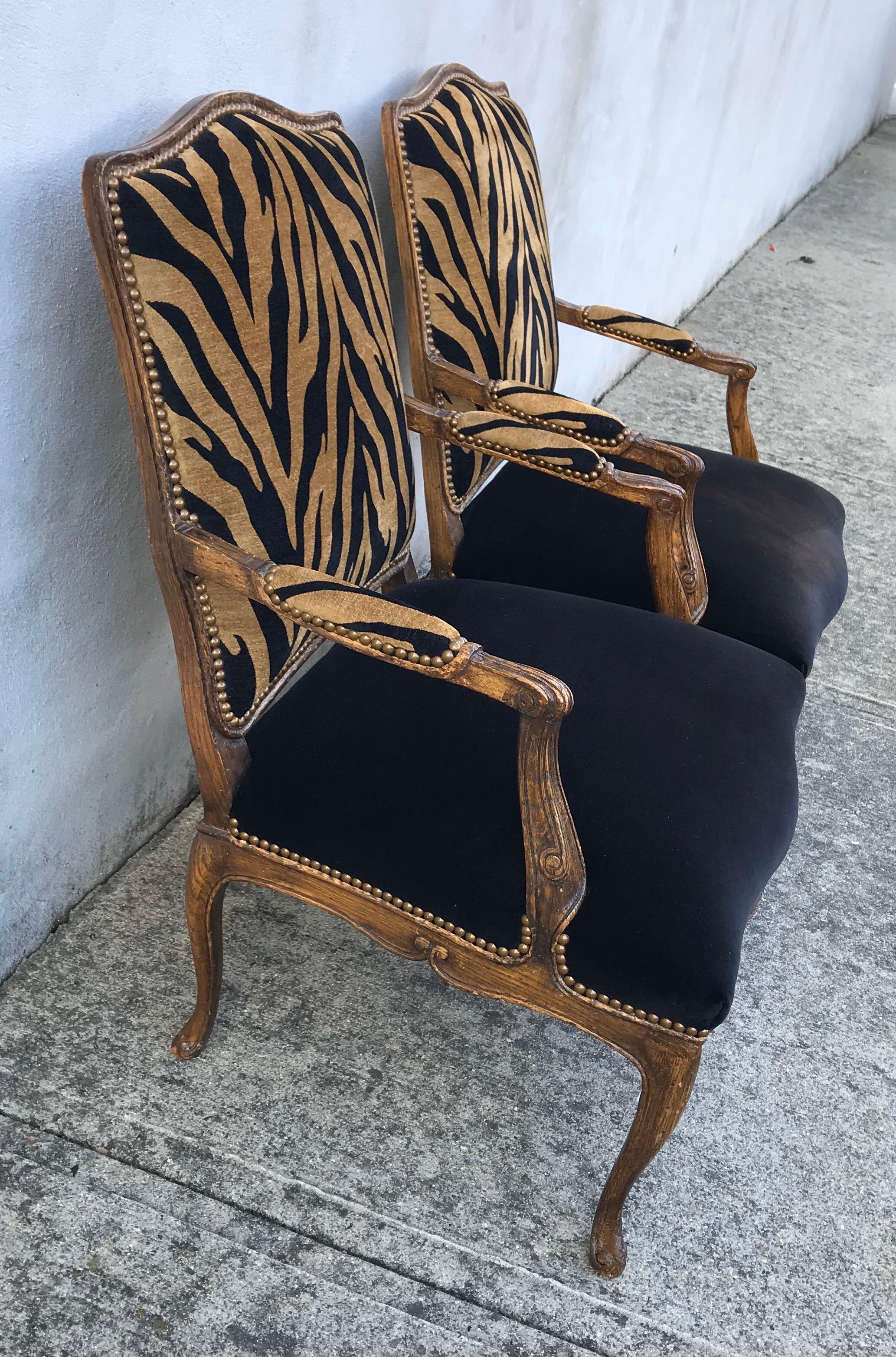 20th Century Pair of Hollywood Regency Style Zebra Print Velvet Club Chairs, Oak Frames