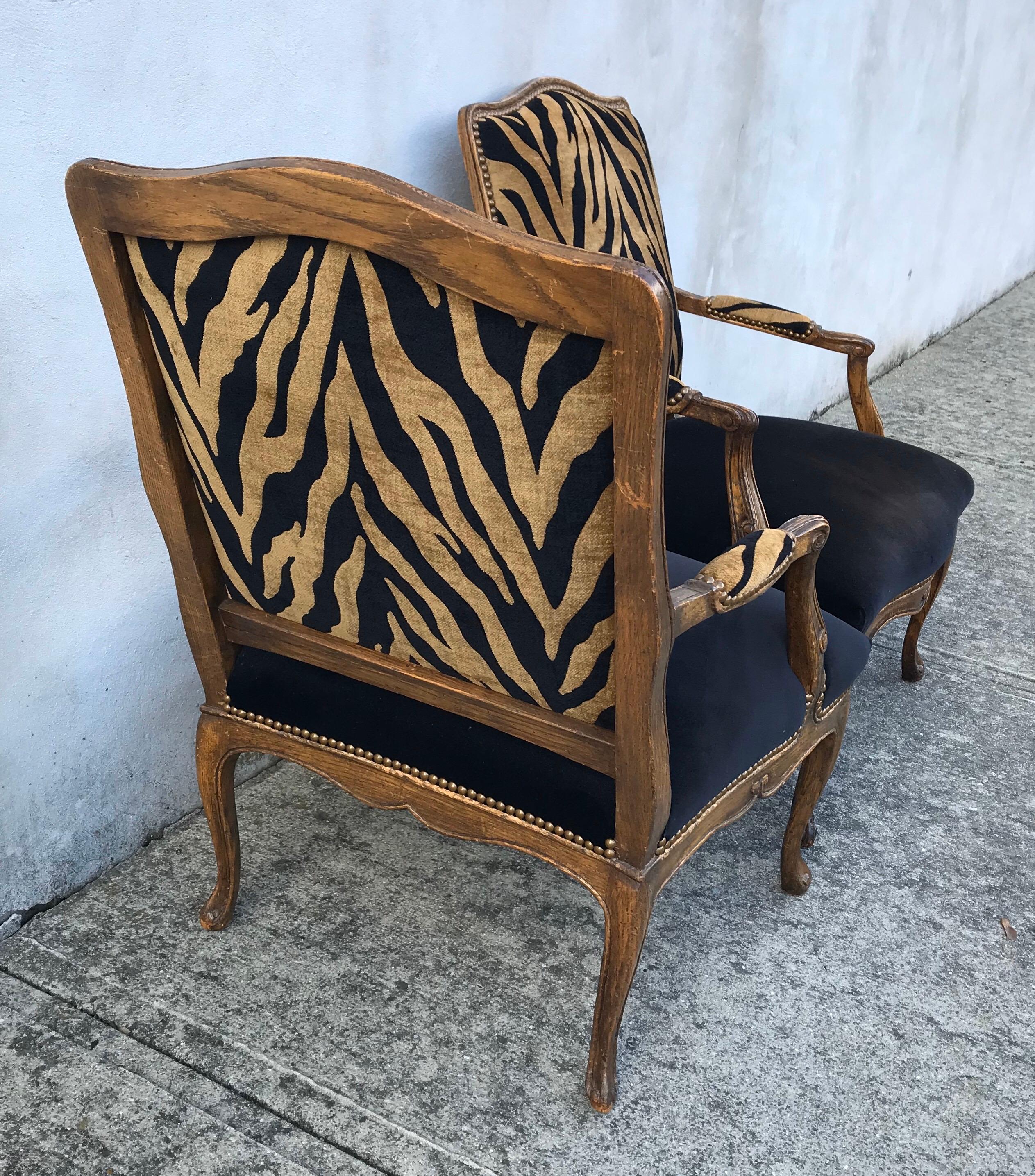 Pair of Hollywood Regency Style Zebra Print Velvet Club Chairs, Oak Frames 1