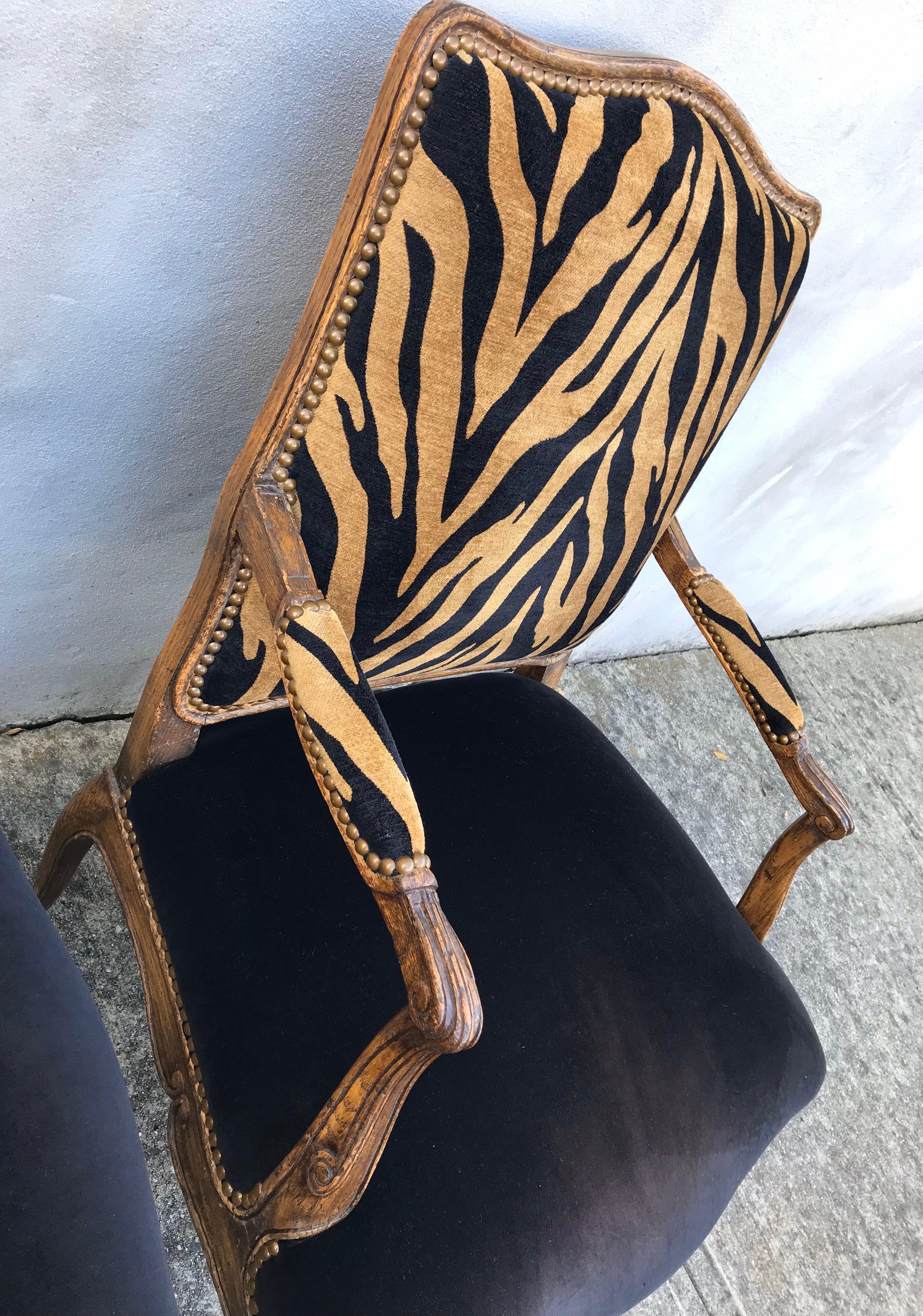 Pair of Hollywood Regency Style Zebra Print Velvet Club Chairs, Oak Frames 2