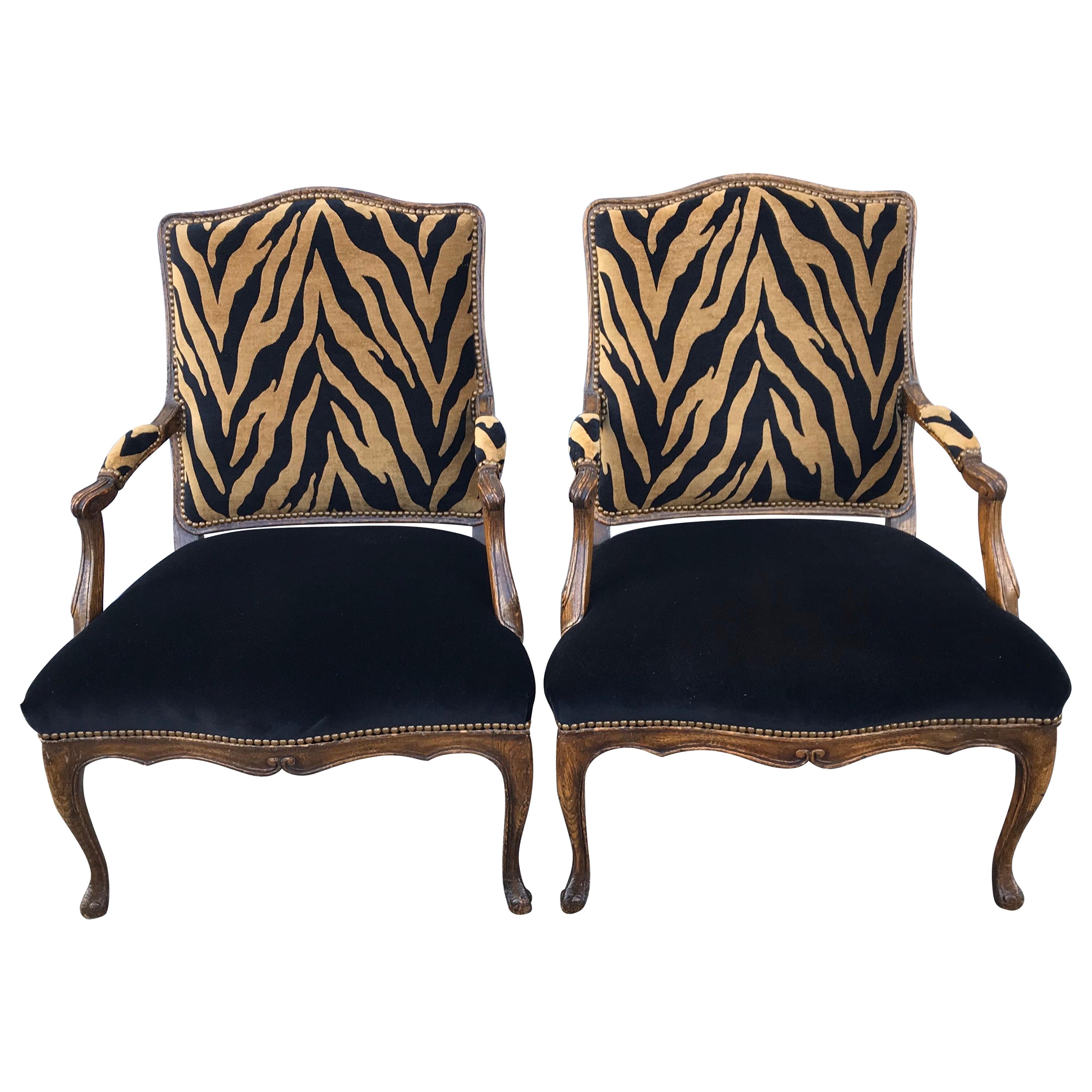 Pair of Hollywood Regency Style Zebra Print Velvet Club Chairs, Oak Frames