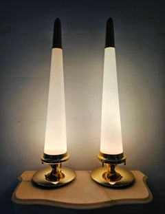 Pair of Hollywood Regency Conical Table Lamps in brass and milk glass shades