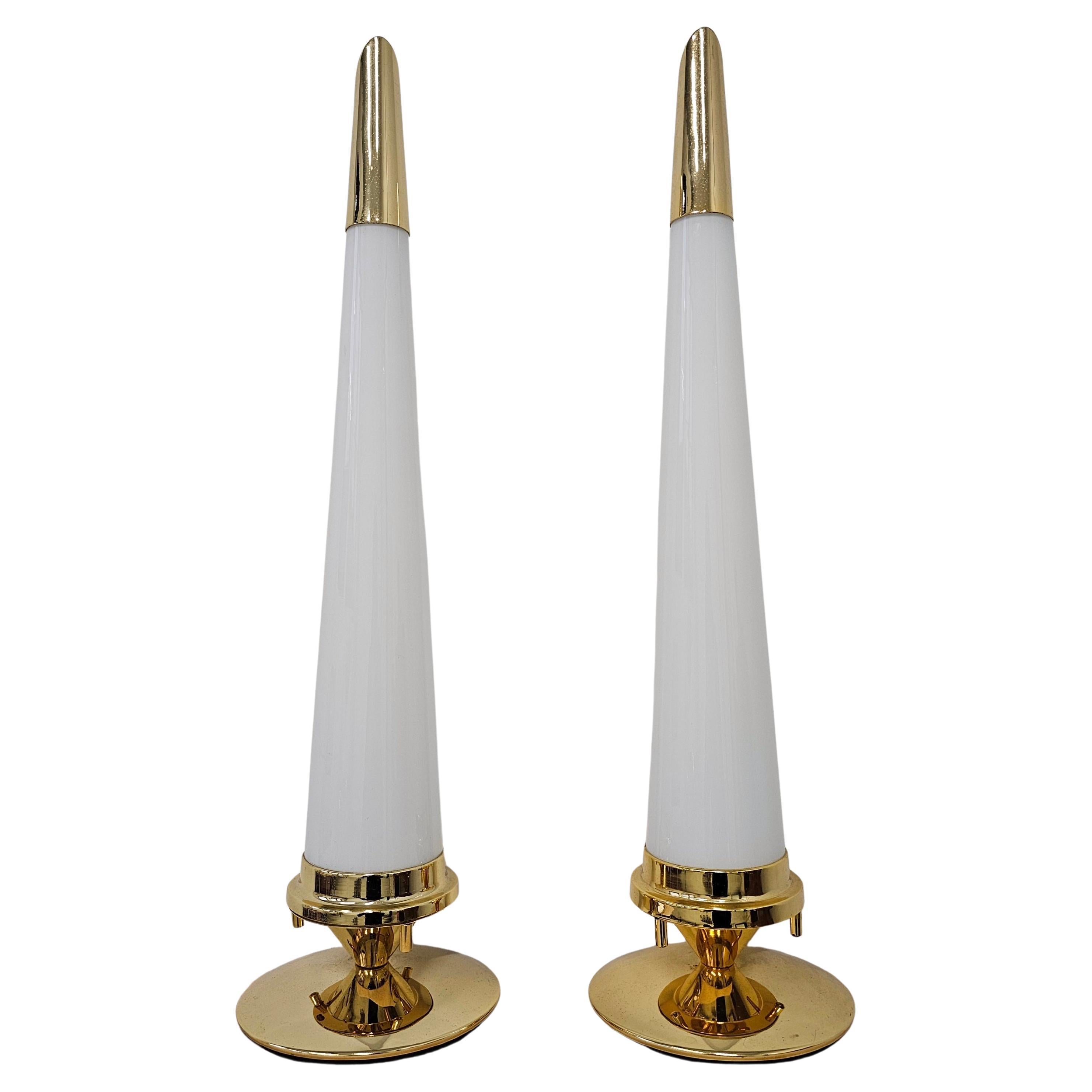 Pair of Hollywood Regency Conical Table Lamps in brass and milk glass shades