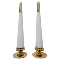 Pair of Hollywood Regency Conical Table Lamps in brass and milk glass shades